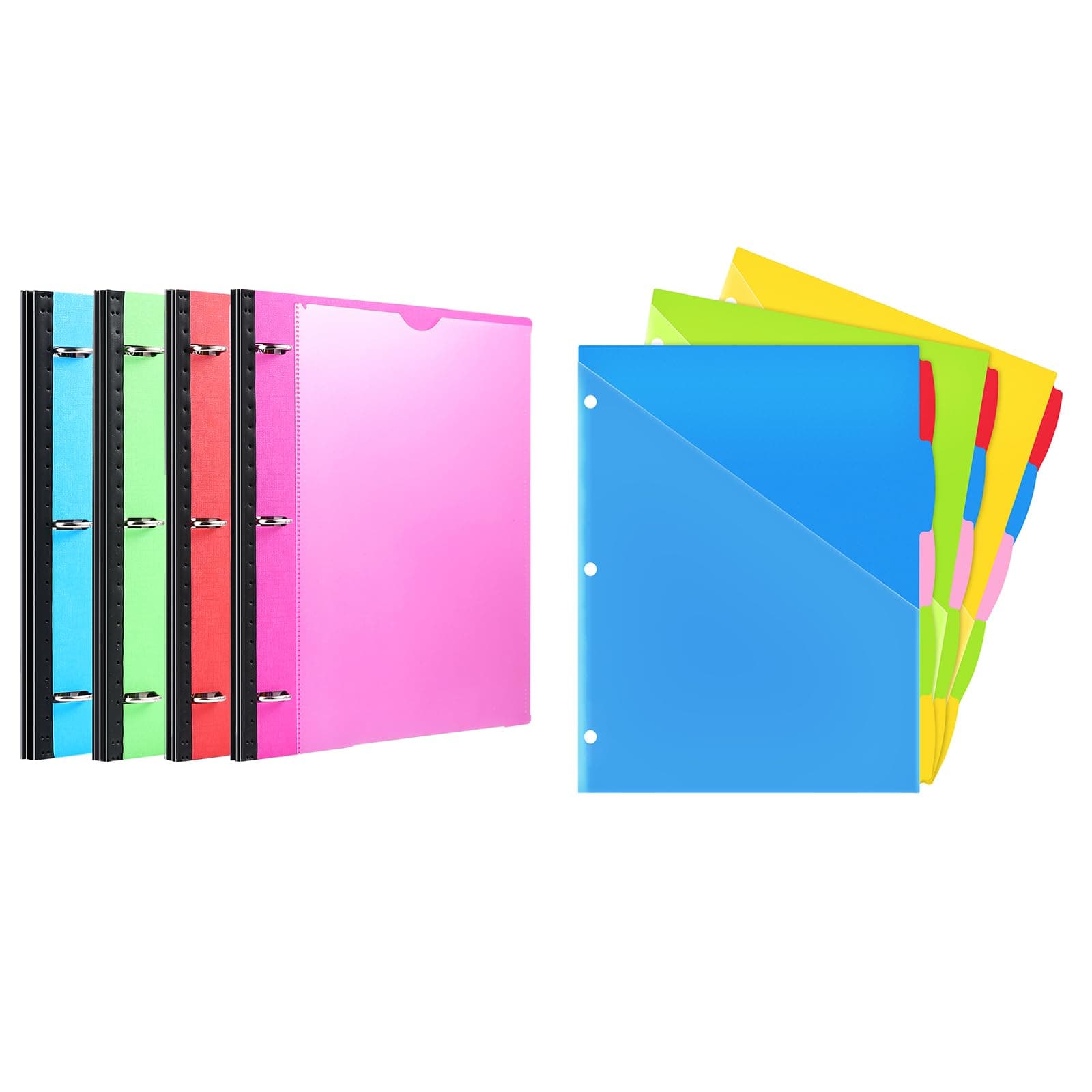 WOT I Telescoping 3 Ring Binder 1 Inch 4PCS + 5-Tab Plastic Dividers w/Front Pockets - 3 Sets