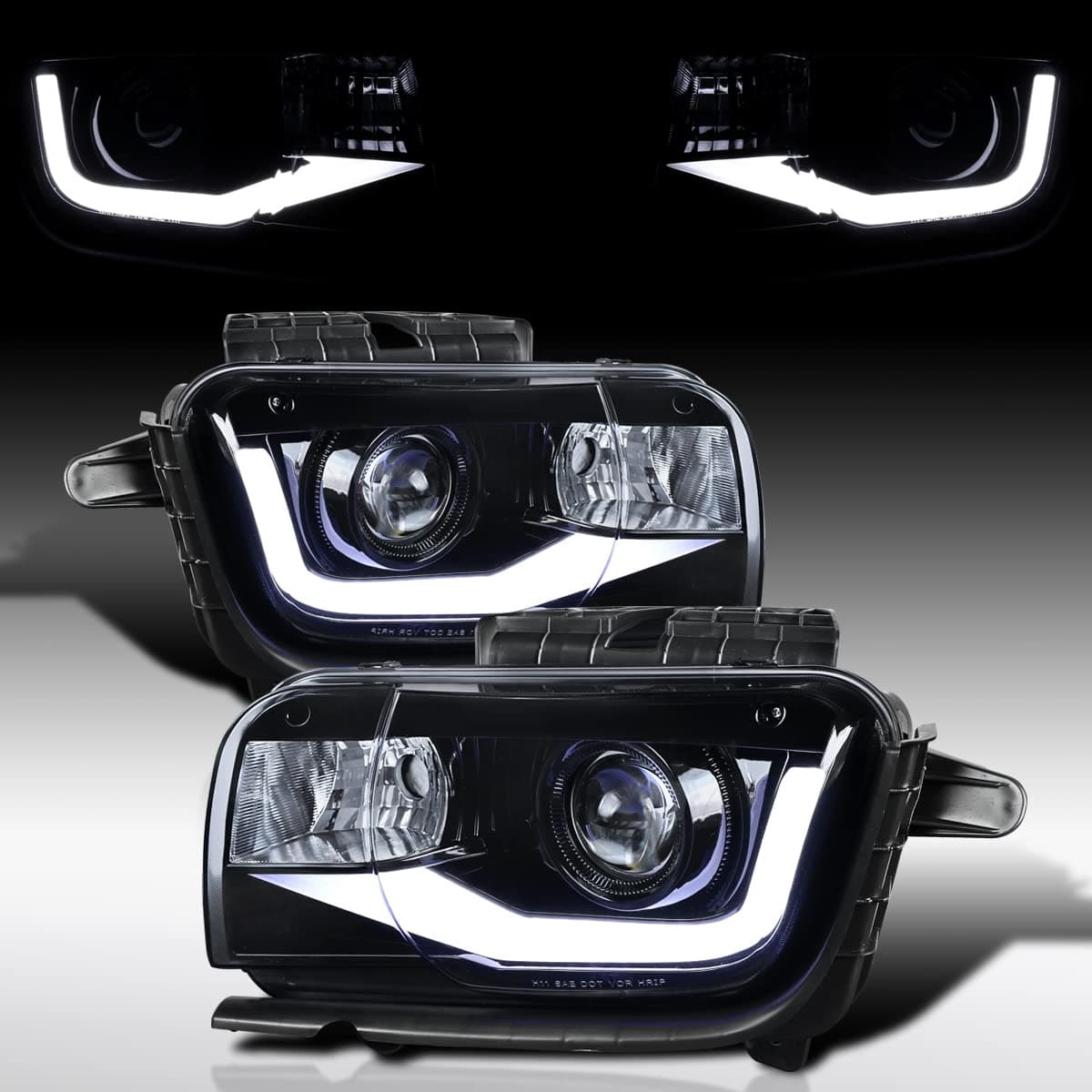 AUTOZENSATION Compatible with 2010-2013 Chevy Camaro, Left + Right Pair Headlamps Assembly, Glossy Black Smoke Projector Headlights w/LED Tube Light Bar