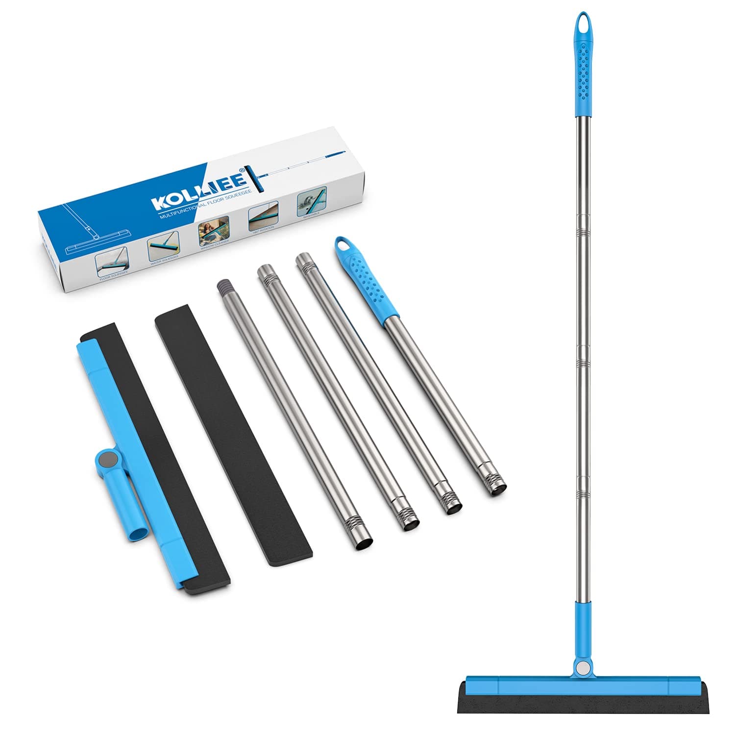 Floor Squeegee Adjustable 59'' Long Handle Professional Floor Squeegee with Hook Water Squeegee Foam Blade for Concrete Floor Tile Pet Hair Floor Wiper