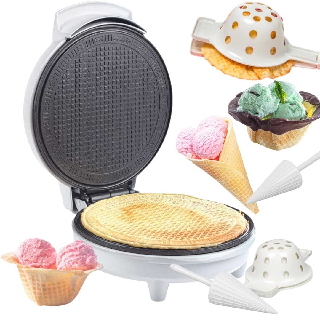 Cucina Pro Non-stick Waffle Cone and Bowl Maker with Roller and Press (Standard Size)