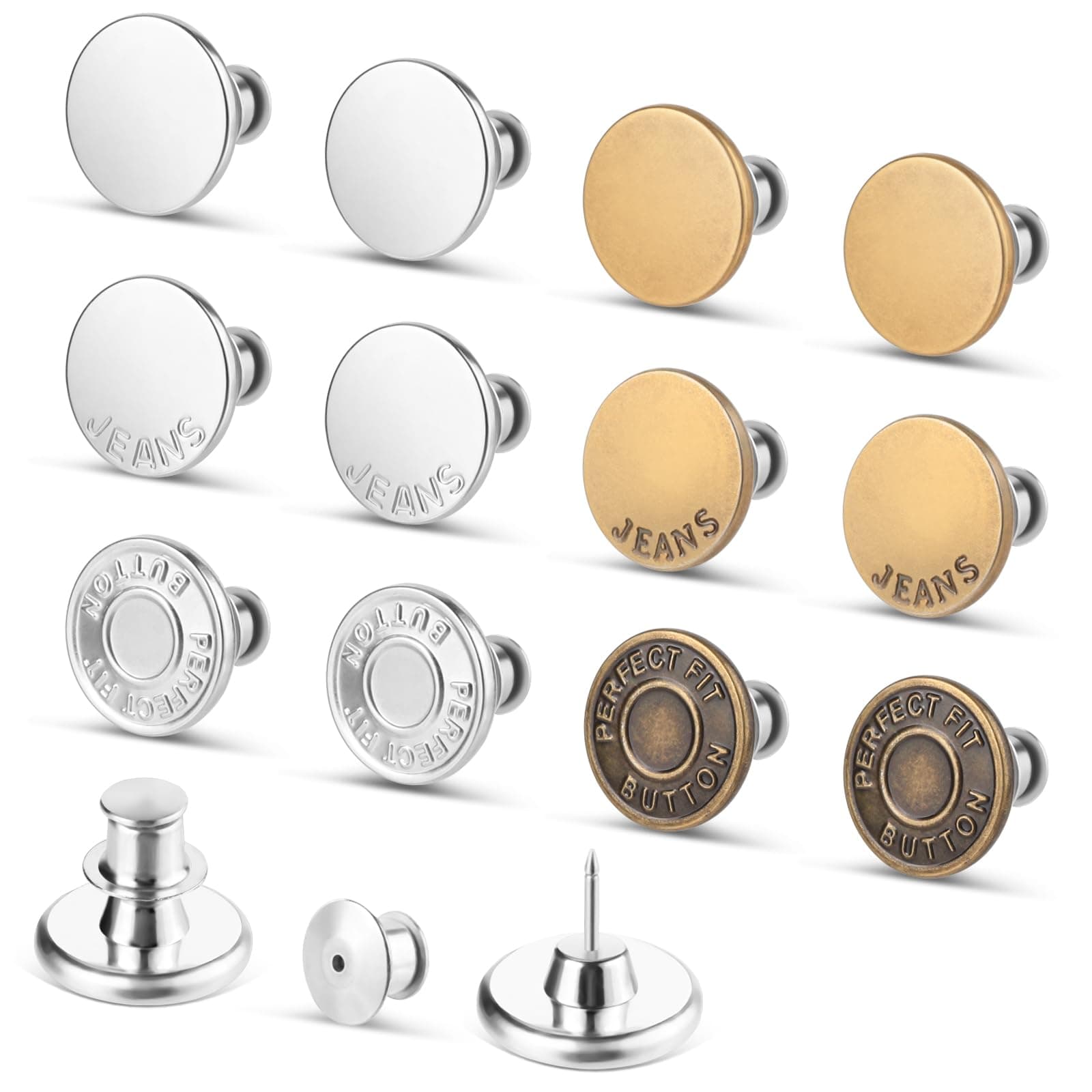 12 Sets Jean Button Pins, No Sew Instant Replacement Buttons, Reusable and Adjustable Pant Waist Tightener for Loose Jeans