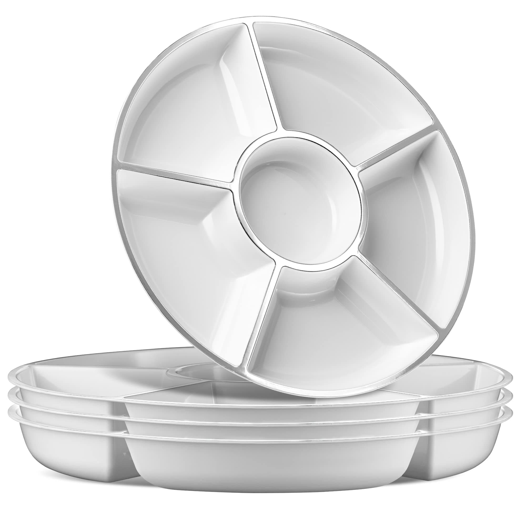 PLASTICPRO6 Sectional Round Plastic Serving Tray/Platters White & Silver Pack of 4