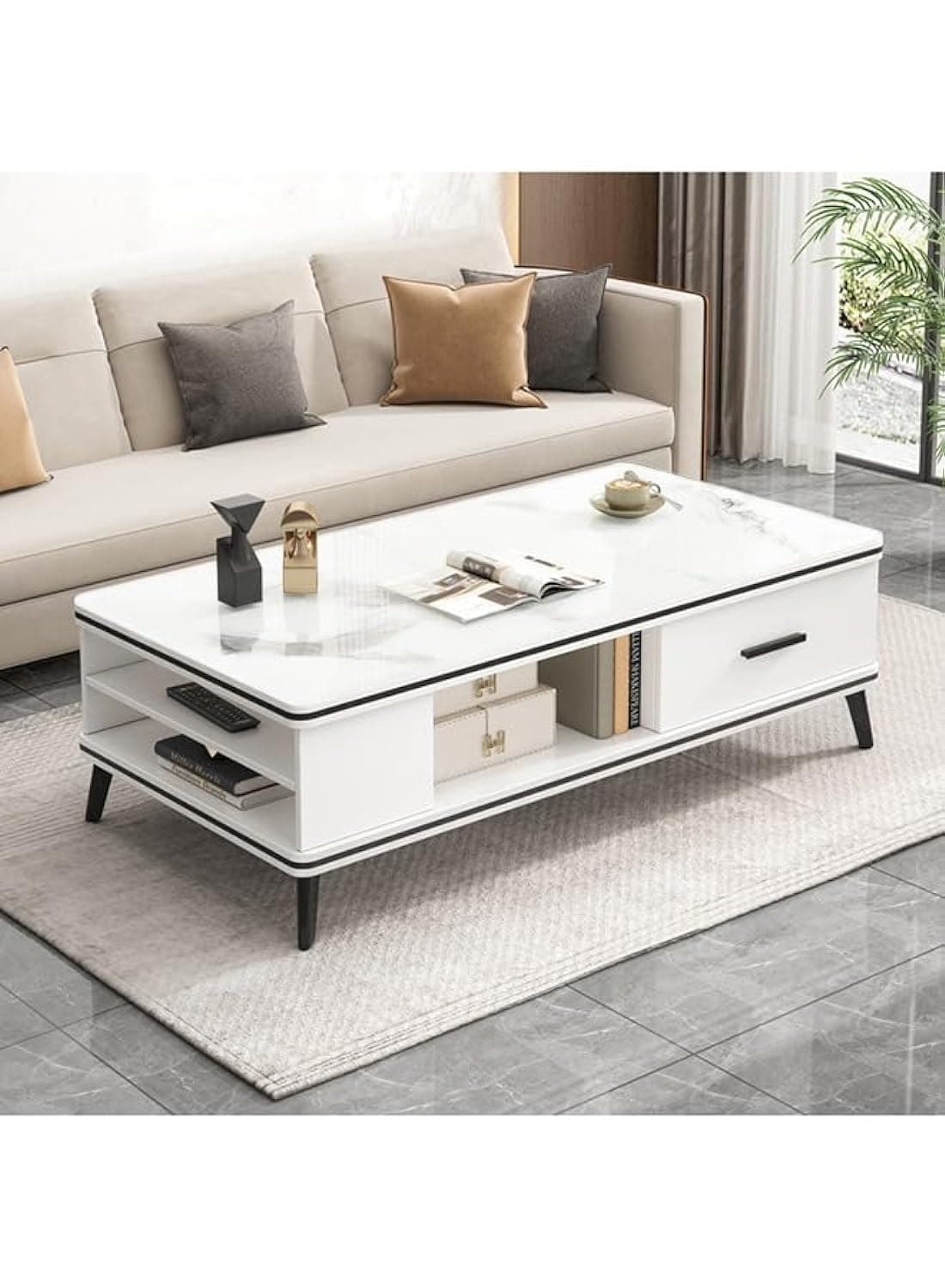 Coffee Table Marble Modern Coffee Table with Storage Drawer Center Table Living Room Sofa Table Home Office Furniture White
