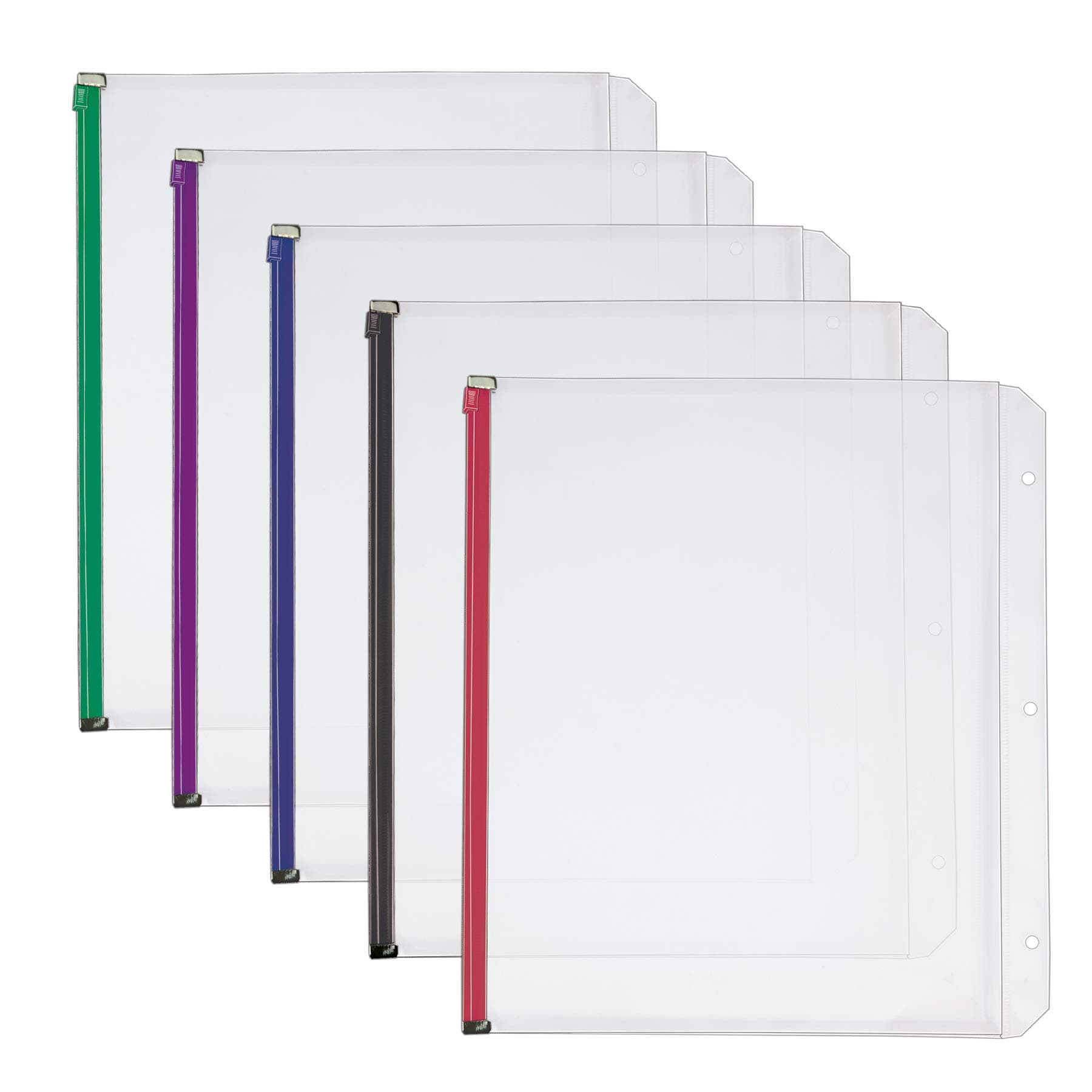 Cardinal Plastic Zippered Binder Pockets, 3-Hole Punched, Fits Full Letter Size 8-1/2" x 11" Sheets, Clear with Multicolor Zippers, 5-Pack (14650)