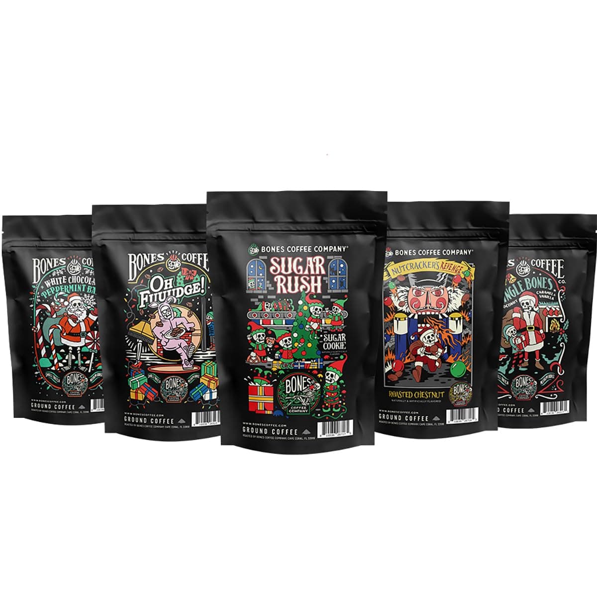 Bones Coffee Company Holiday Sample Pack 5 Assorted Flavored Coffee Low Acid Medium Roast Arabica Beans Specialty Coffee Gifts, Auto Drip and French Press Compatible, 4 oz Pack of 5 Whole Bean