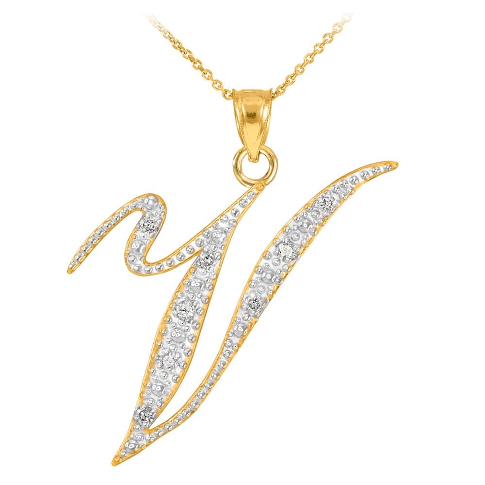 14K Yellow Gold Diamond Accented Dangling Cursive Initial V Charm 4/5" Pendant Necklace (J-K Color, I1-I2 Clarity) - Choice of Length
