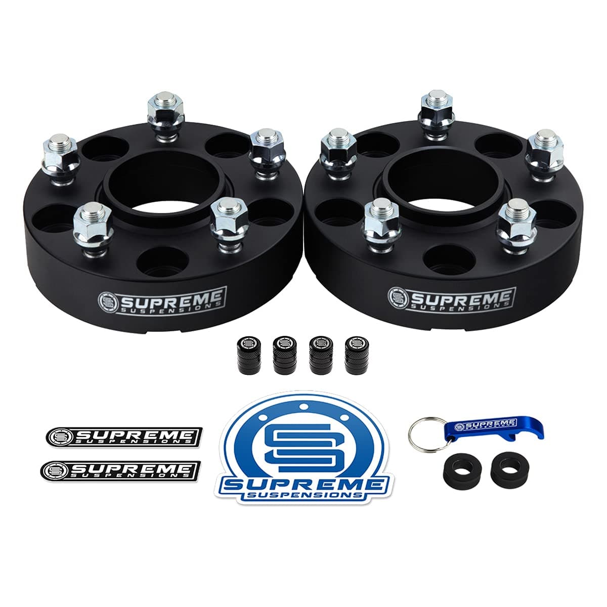 Supreme Suspensions - 2pc Set [Black] 1.25" Hub Centric Wheel Spacers for Jeep Wrangler JK, Commander, Grand Cherokee WJ WK [BP: 5x5 / CB: 71.5mm / Studs: 1/2" x20] - 4 Tire Valve Caps Included