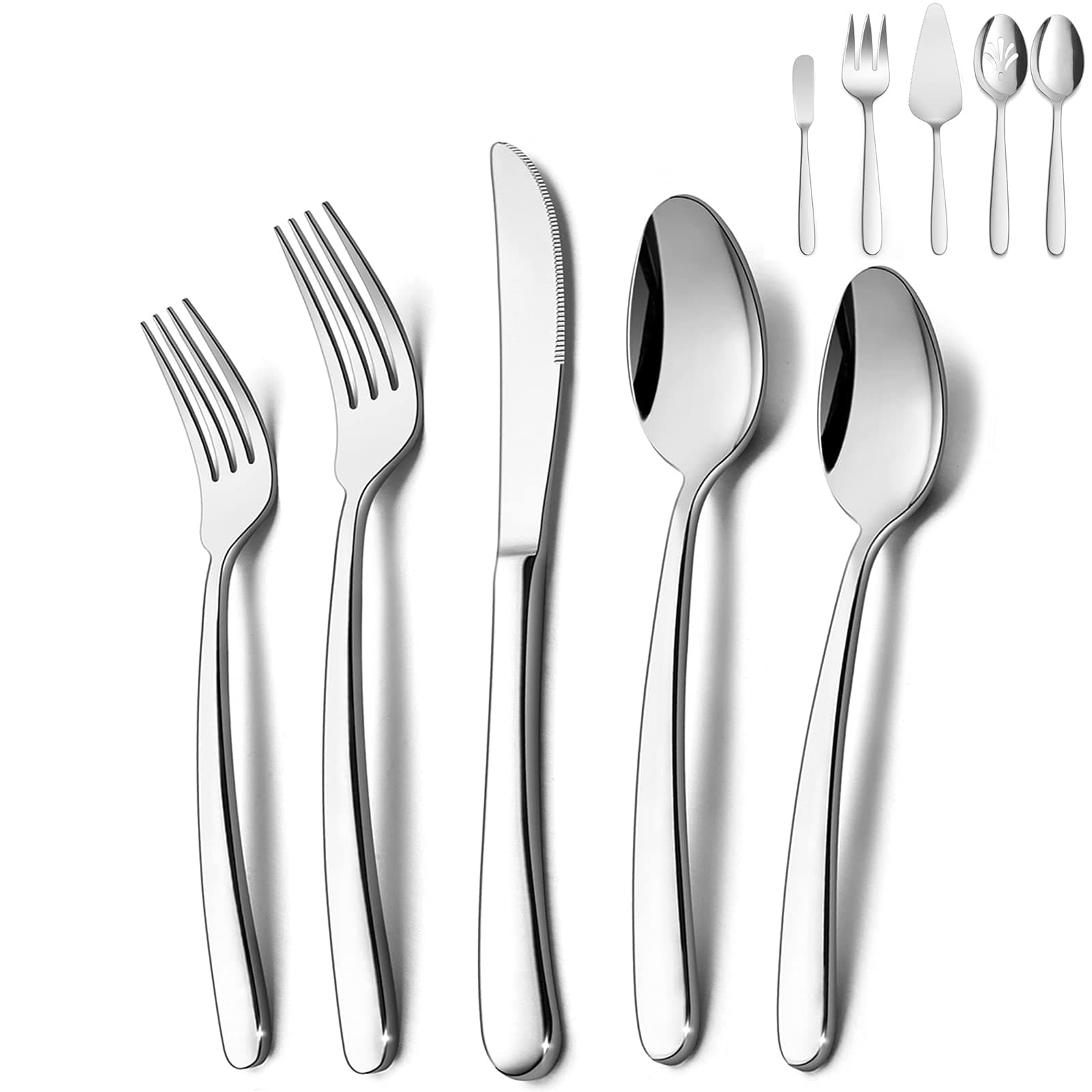 HaWare Heavy Duty Silverware Set, 45 Pieces Stainless Steel Flatware with Serving Utensils, Weight Tableware for 8, Modern Cutlery for Home, Dishwasher Safe, Mirror Polished
