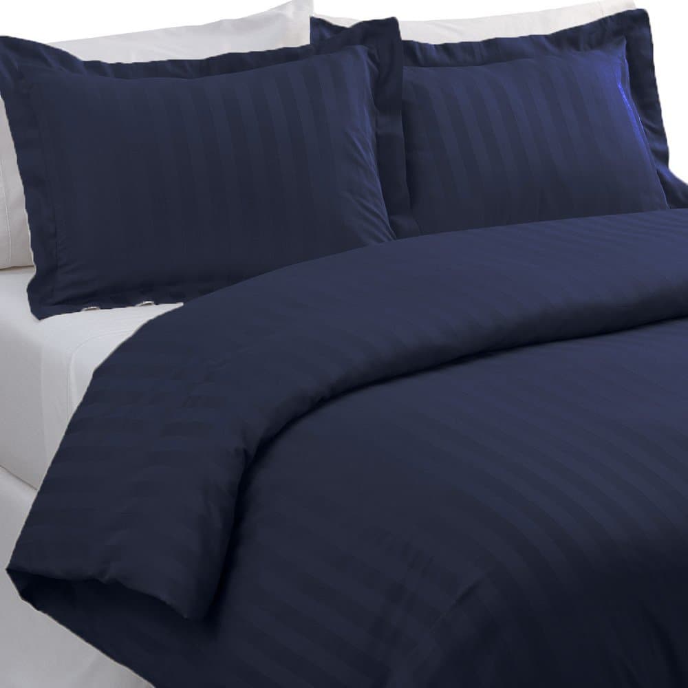 Damask Stripe 4 Piece Comforter Set, 100% Plush Cotton - 600 Thread Count, Full/Queen, Navy
