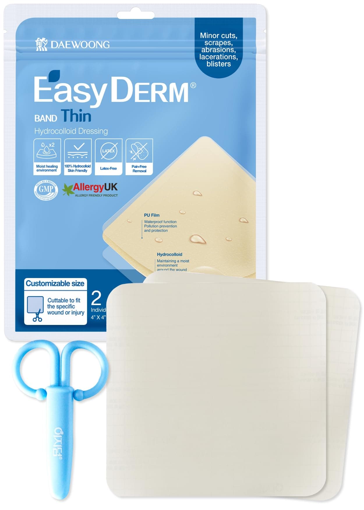 Easyderm Thin Collection (4" x 4", 1 Pack (2 Dressings) + Mini Scissors)