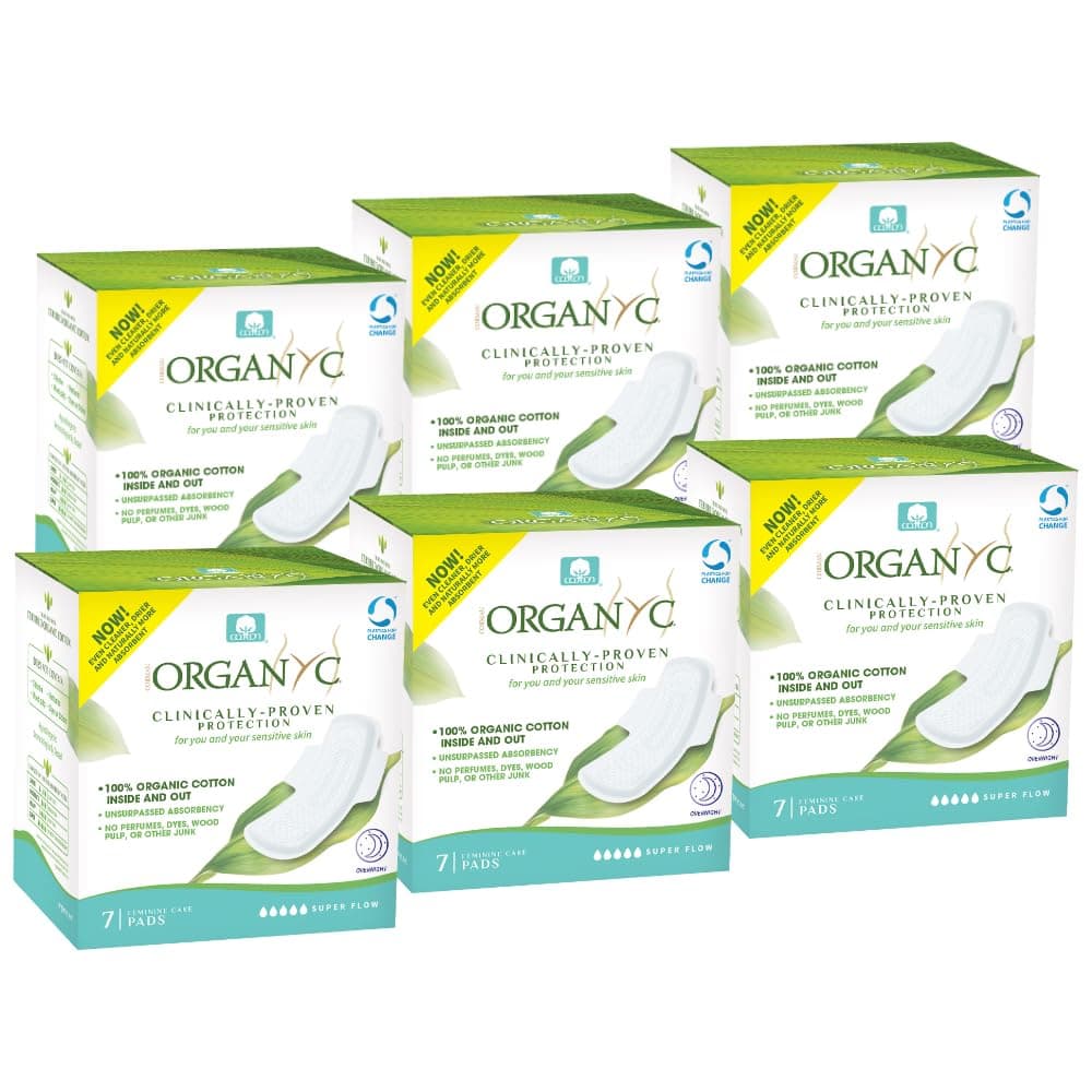 Organyc New Version 100% Certified Organic Cotton Inside and Out Overnight Feminine Pads, Heaviest Flow, Super Absorbency 2.0, 7 Count (6 Pack)