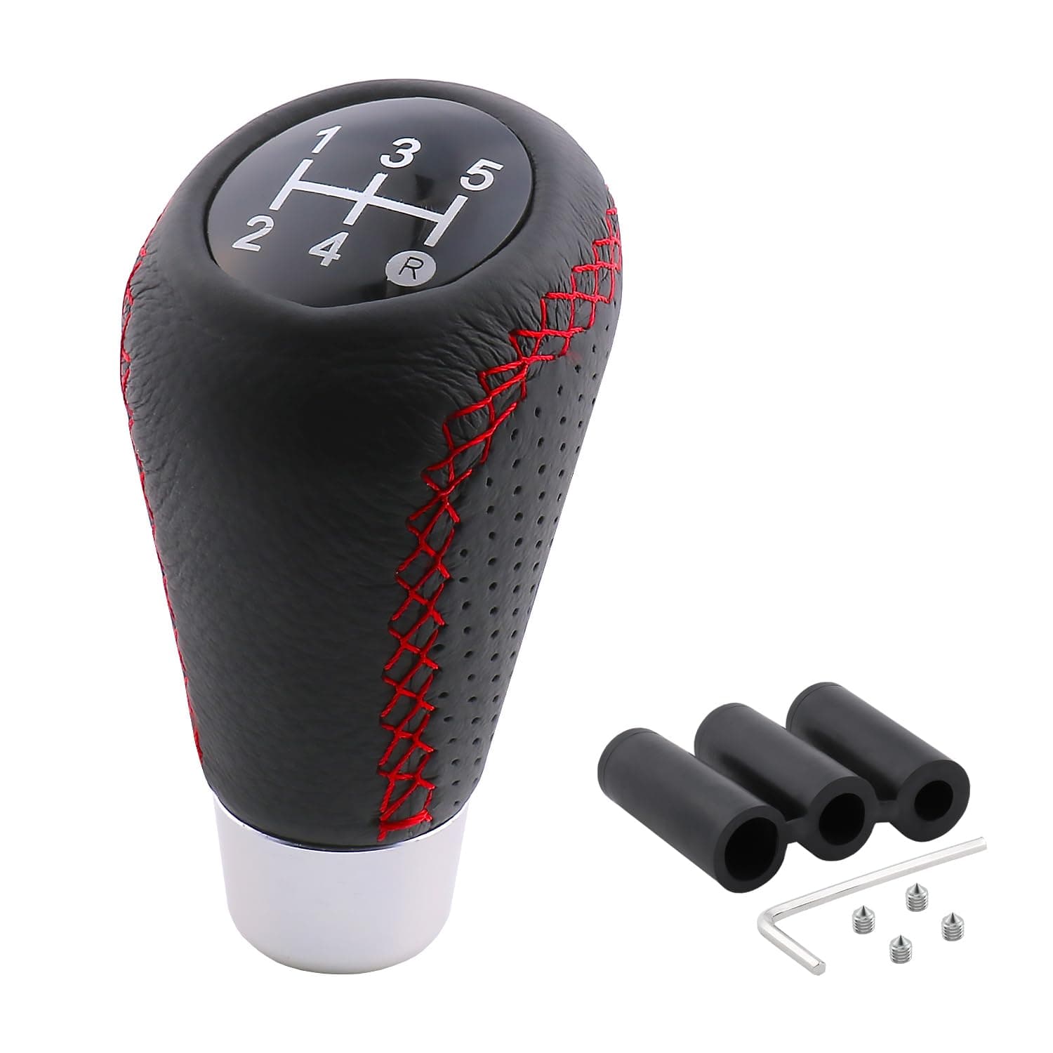 Shifter Knob 5 Speed Leather Gear Stick Shift Head Fit Most Manual Cars (Black & Red)