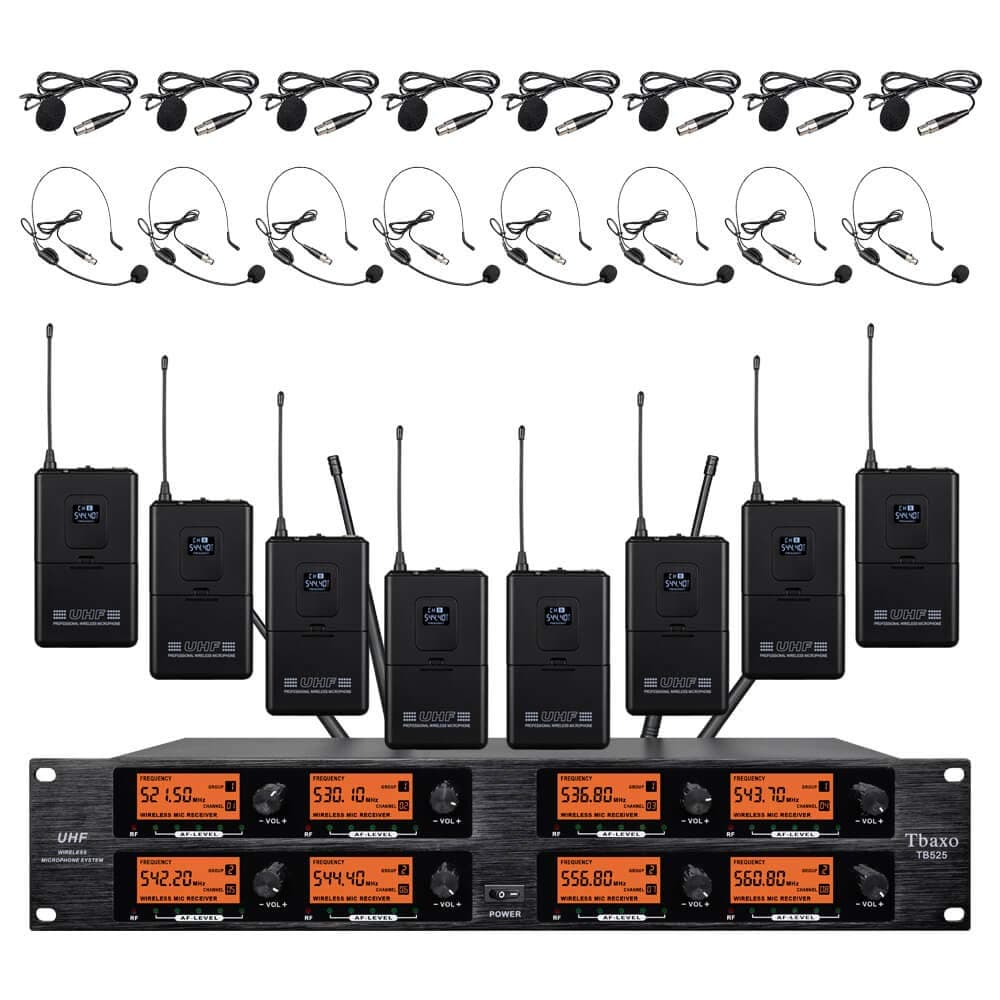 wenwen Wireless Microphone System Pro Audio 8 Channel UHF 8 Lavalier Bodypacks 8 Lapel Mic 8 Headsets for Karaoke System Meeting Church Speaking Conference Wedding Party Frequency B