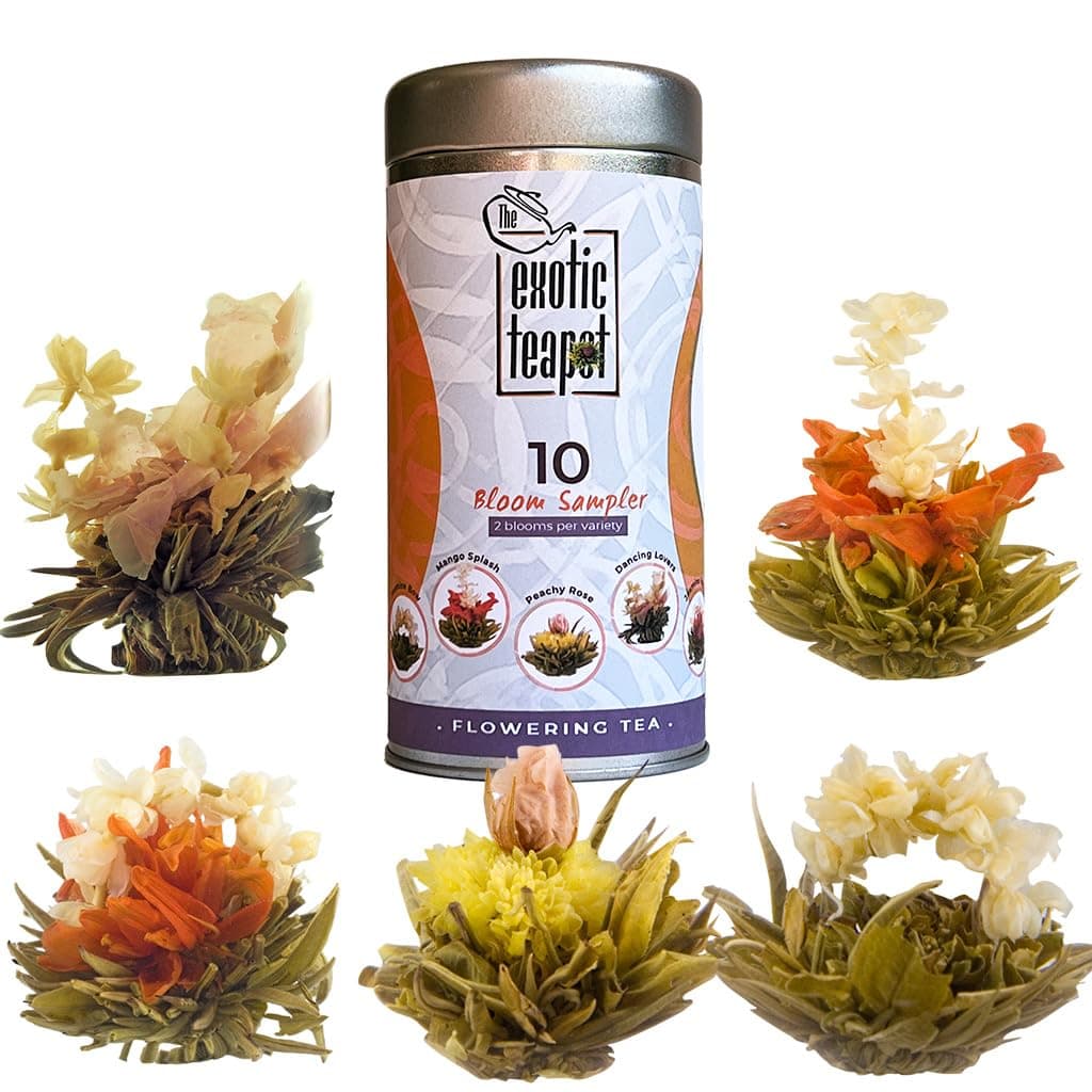 The Exotic Teapot – Flowering Tea Sampler Tin, 10 Assorted Flower Blooms, Jasmine, Fruity Flavours