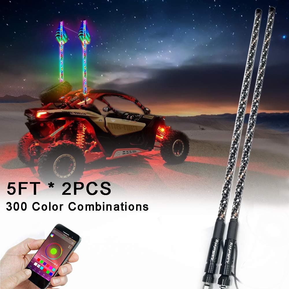 AddSafety 2PCS 5FT Bluetooth 360° Sprial LED Whips light With Dancing/Chasing Light LED Antenna Light For Off- Road Vehicle ATV UTV RZR Jeep Trucks Dunes