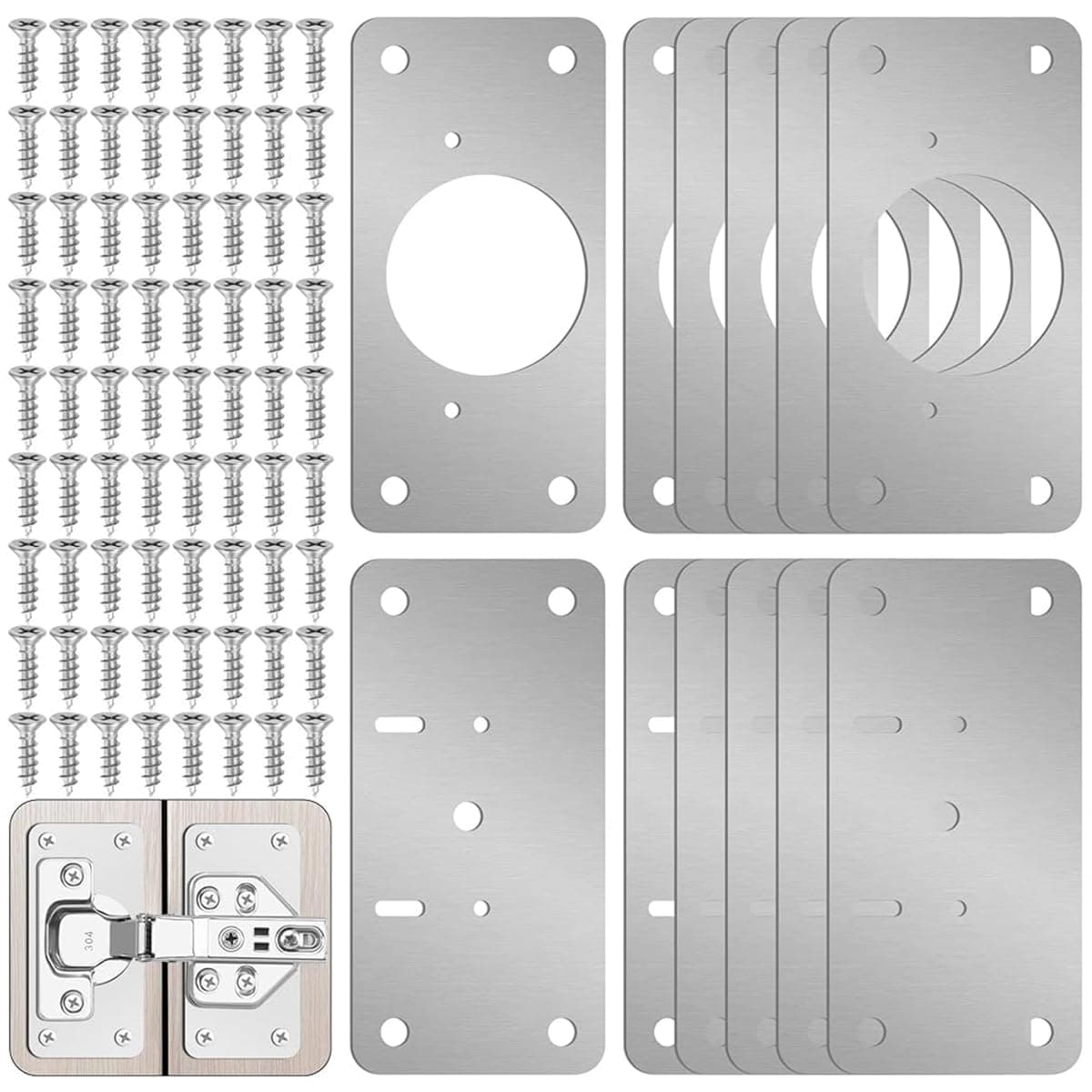 12PCS Hinge Repair Plates and Screws Pack Auto Concealed Hinge Plates with Pre-Punched Holes Universal Stainless Steel Door Hinge Plates for Doors, Cabinets, Cupboard Door, Wardrobes