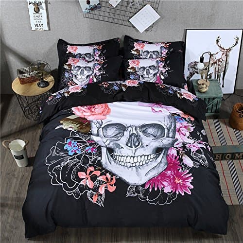 CocoQueenCocoQueen Polyester Sanding 3-Piece (1 Duvet Cover 2 Pillowcase) Black Bedding Sets Gothic Dark Skull and Roses Vines 3D Printing Bedding Set King Size