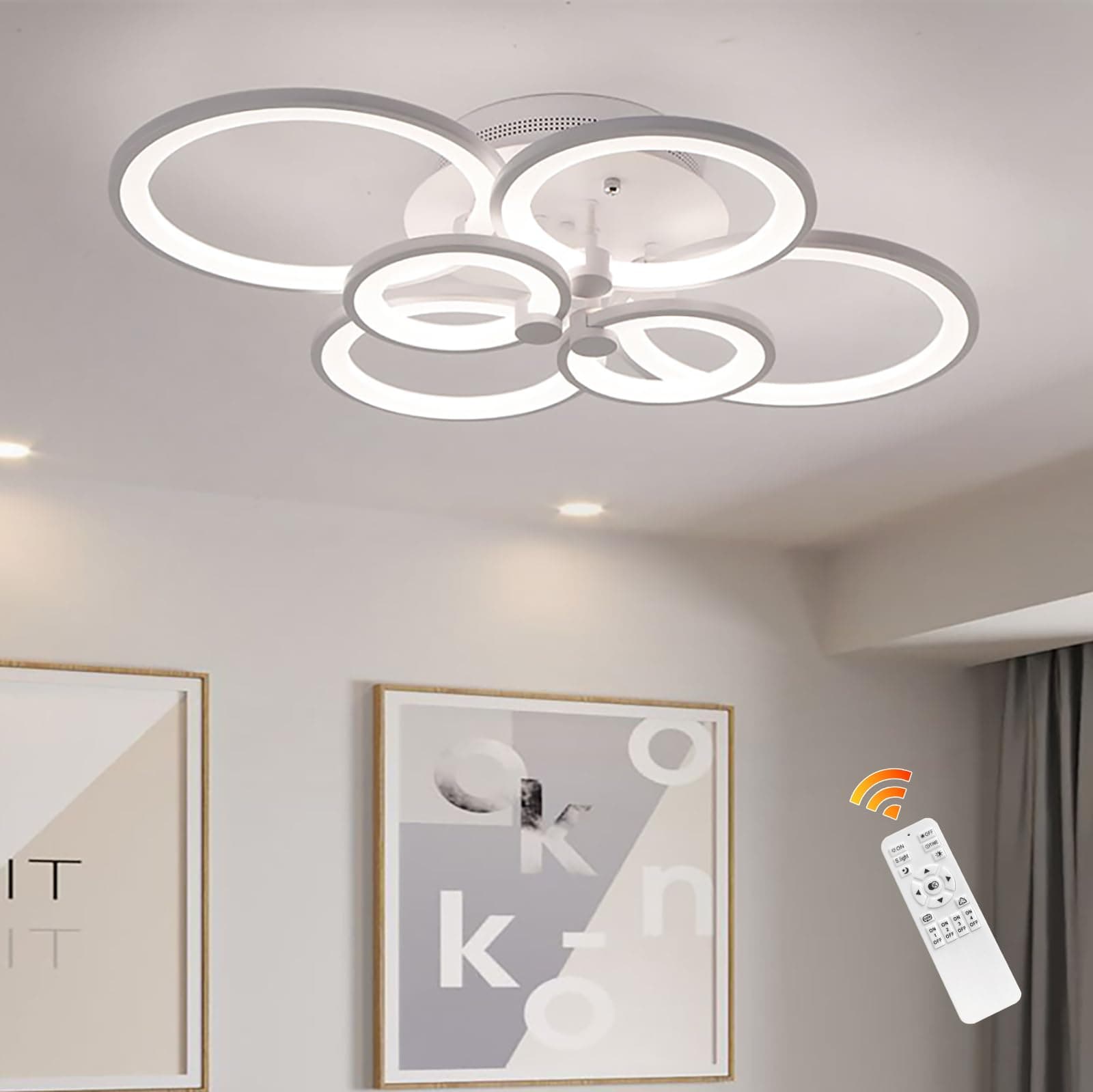 Jaycomey 72W Dimmable LED Flush Mount Ceiling Light with Remote, 6-Ring Modern Fixture for Kitchen, Living Room, Dining Room, 3000K-6500K Adjustable White