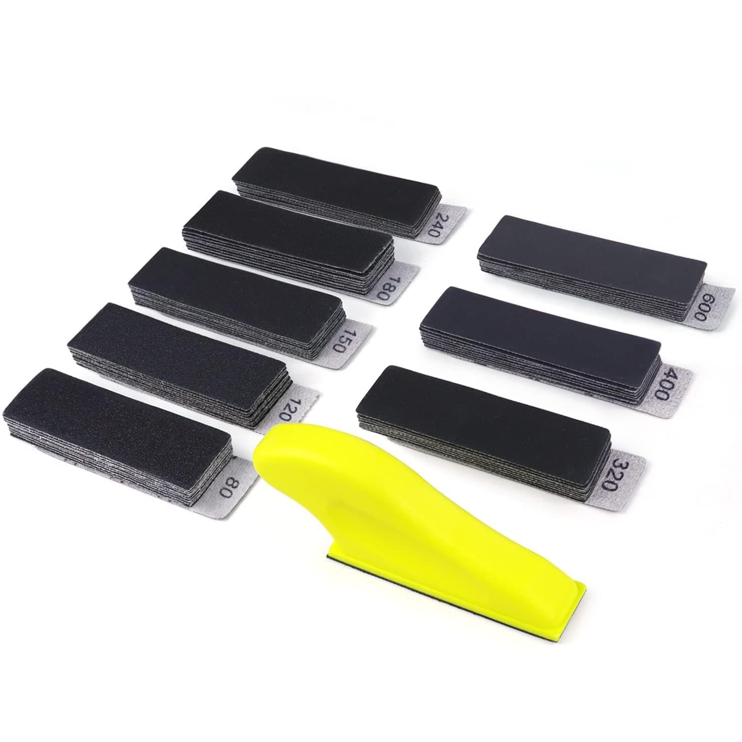 Micro Sander Tool, Detail Finger Sander for Crafts, 80 PCS Wet Dry Sandpaper 80 120 150 180 240 320 400 600 Grit + 3.5” x 1” Mini Handle Sanding Block for DIY, Wood, Metal and Narrow Spaces