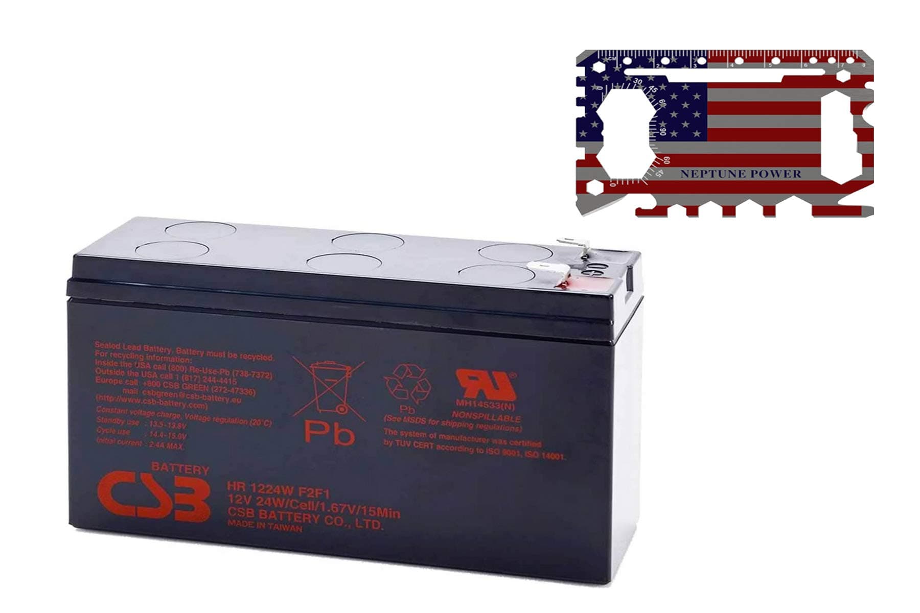 Neptune 46-in-1 Card Multi Tool-PLUS, CSB HR1224W F2F1 12 Volt 24 Watt SLA Sealed Lead Acid Battery (1 BATTERY + 1 TOOL)