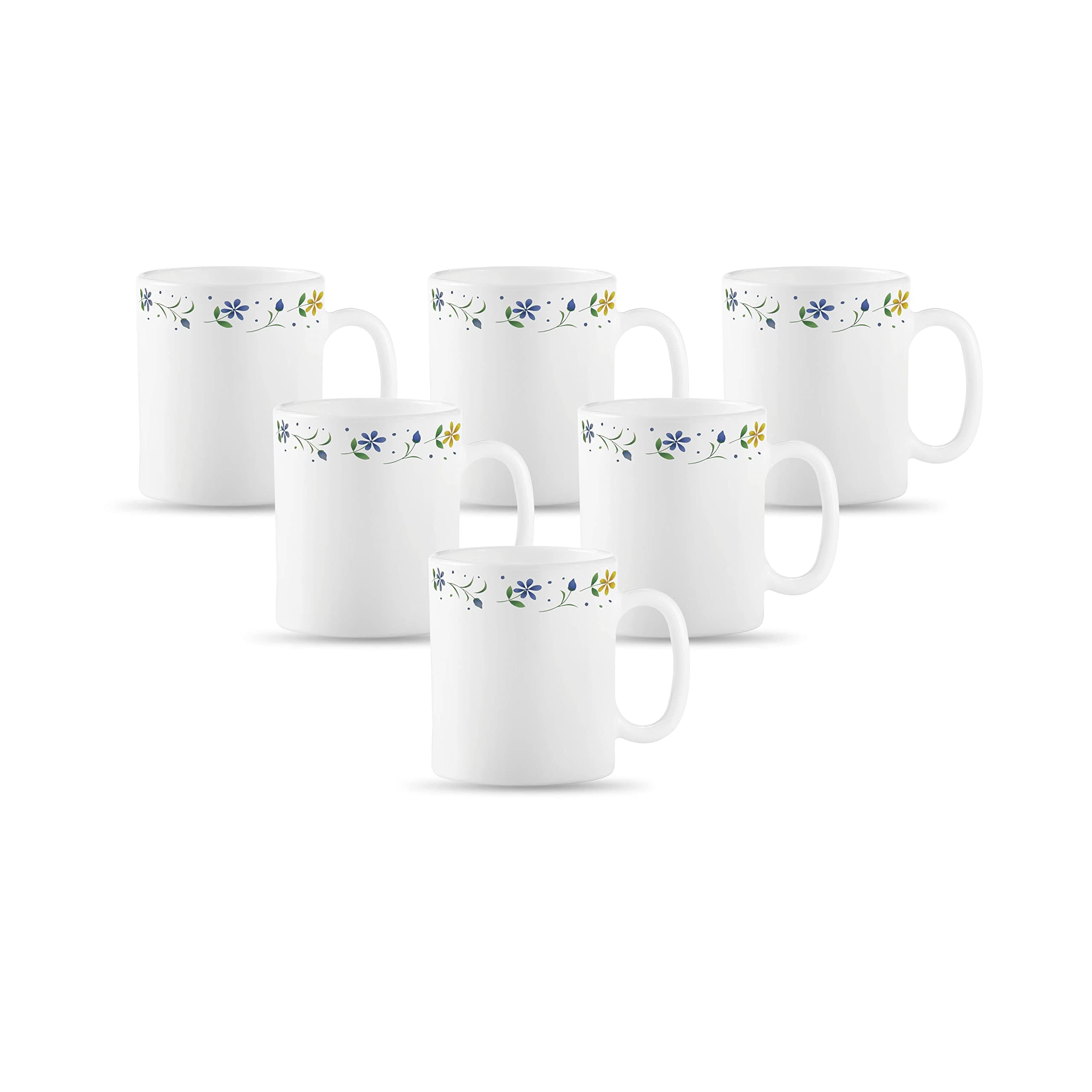 La Opala Diva, Opal Glass Coffee Mug Set Cylinder Medium 6 pcs, Twilight Bouquet, White