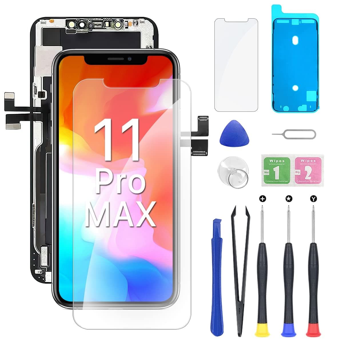 for iPhone 11 Pro Max Screen Replacement HD 6.5" LCD Display and 3D Touch Digitizer Assembly with Repair Tools, Waterproof Tape, Screen Protector, and True Tone for A2161, A2220, A2218