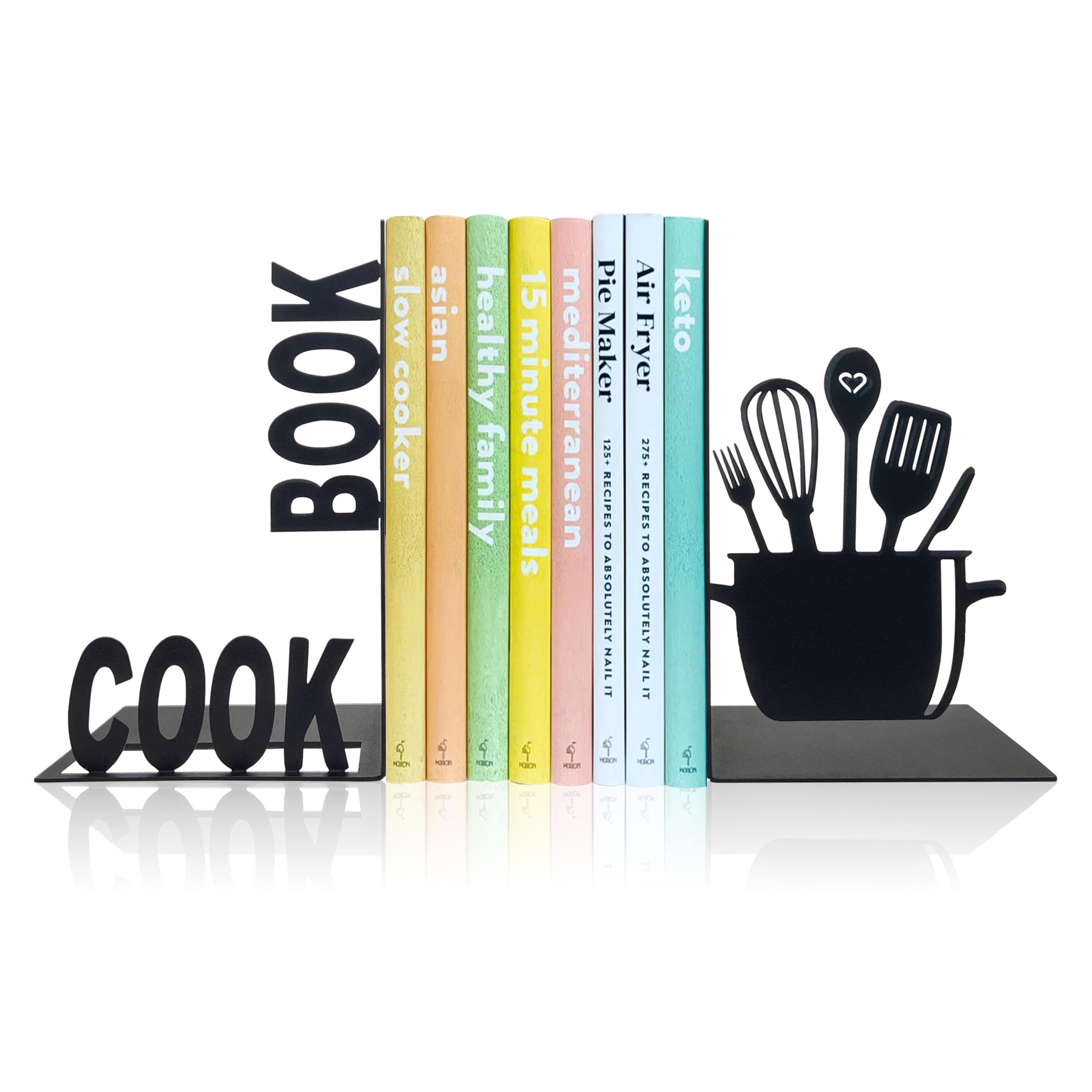 Ecqizer Decorative Kitchen Book Ends, Unique Metal Cookbook Holder Kitchen Bookends Storage for Shelves, Farmhouse Kitchen Decorations Book Holder Supports for Book-Rack Desk, Black