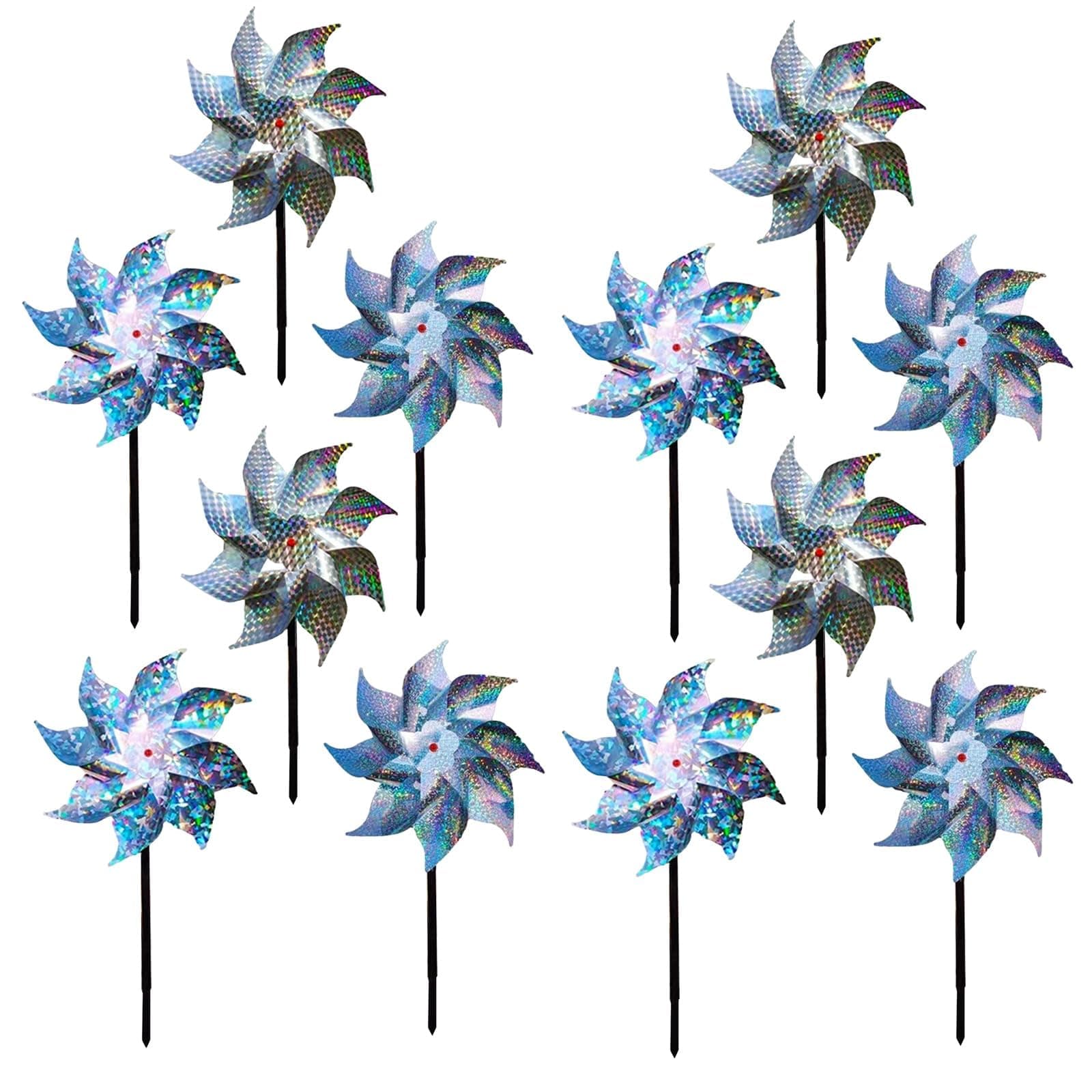 X spring Reflective Pinwheels, 12 Pack Sparkly Reflective Pinwheel with Stakes, Sparkly Silver Spinners for Garden Decor, Bird Repellent Devices Deterrent to Scare Birds Away from Yard Patio Farm