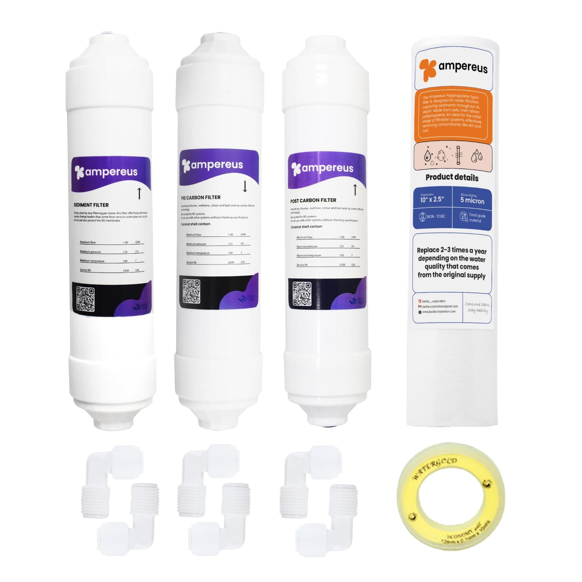 AMPEREUS Carbon Inline Filter Set Sediment Filter Pre Carbon Filter Post Carbon Filter and 6 Pcs Connector Taflon Tape Suitable for All Kind of RO/UV/UF Water Purifiers