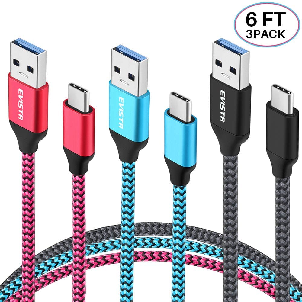 USB Type C Cable USB A 3.0 to USB C - EVISTR 3PACK 6FT Charging Cable, Nylon Braid USB Charger Data Cord Compatible with Samsung Galaxy S9 S8 Note 8, Pixel, Nintendo Switch and More