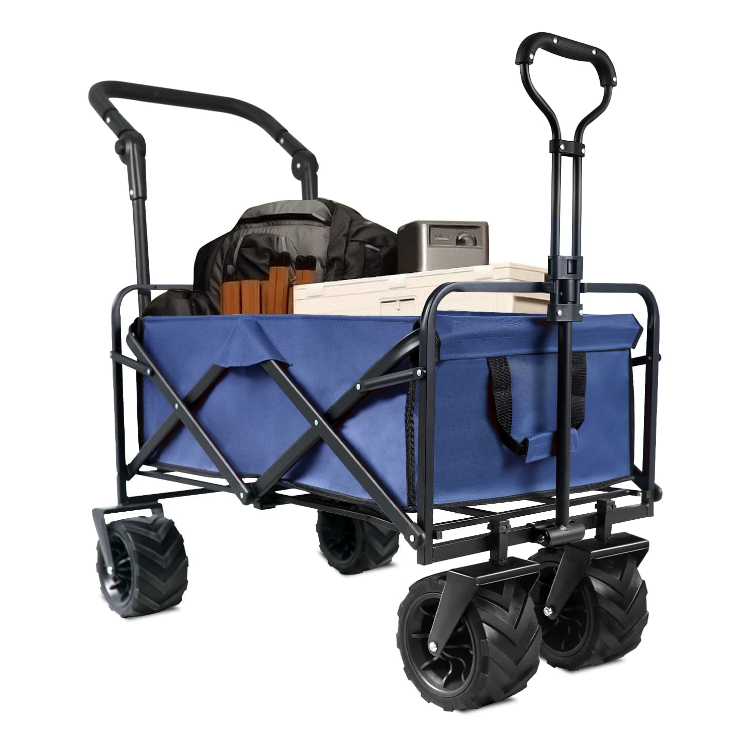 Patio Watcher Collapsible Folding Utility Push Pull Wagon Cart Outdoor Garden Wagon Beach Cart Camping Shopping Sports Portable Wagon with All Terrain Wheels Large Capacity Heavy Duty, Blue
