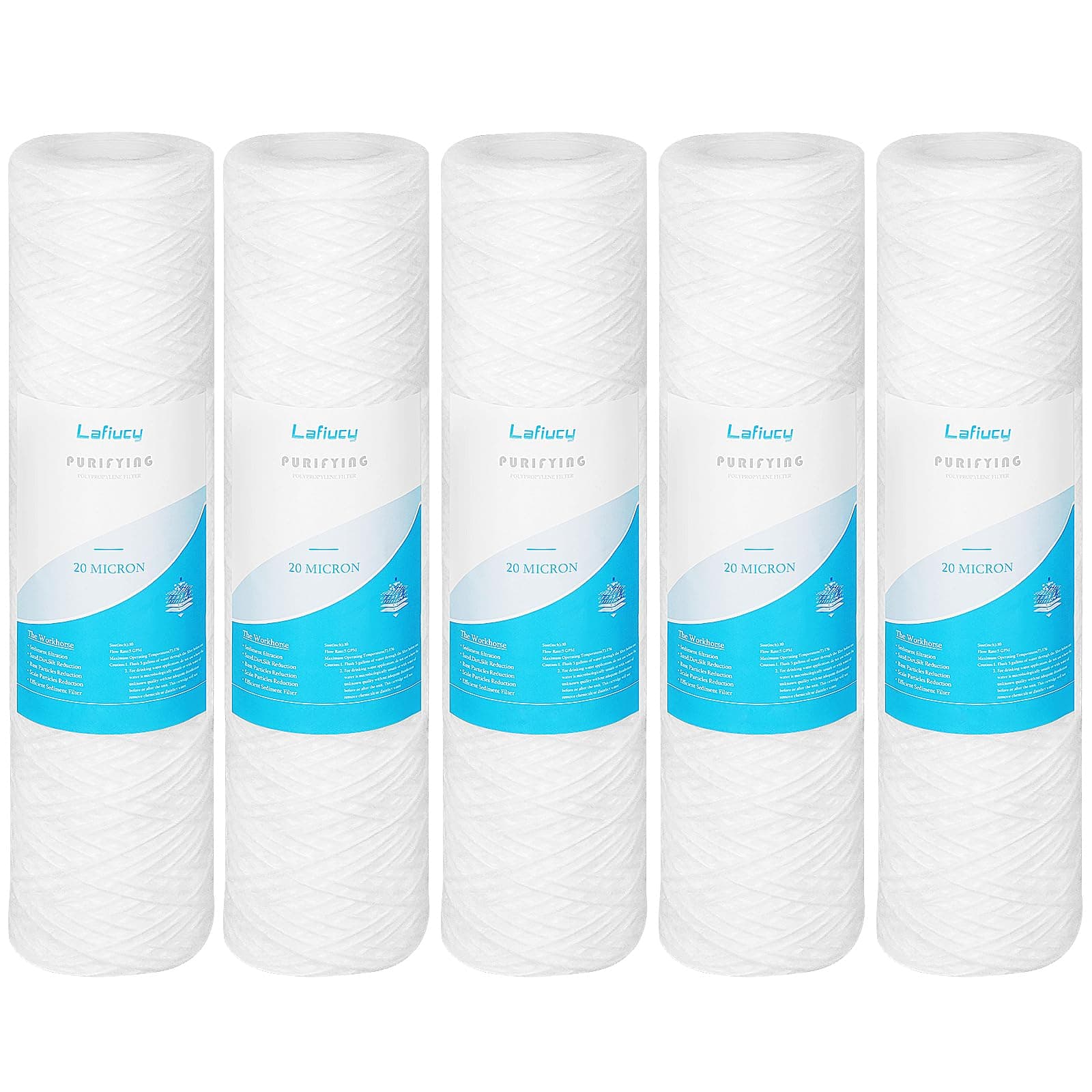 Lafiucy 20 Micron 10" x 2.5" String Wound Sediment Water Filter Cartridge,5 Pack,Whole House Sediment Filtration, Universal Replacement for Most 10 inch RO Unit