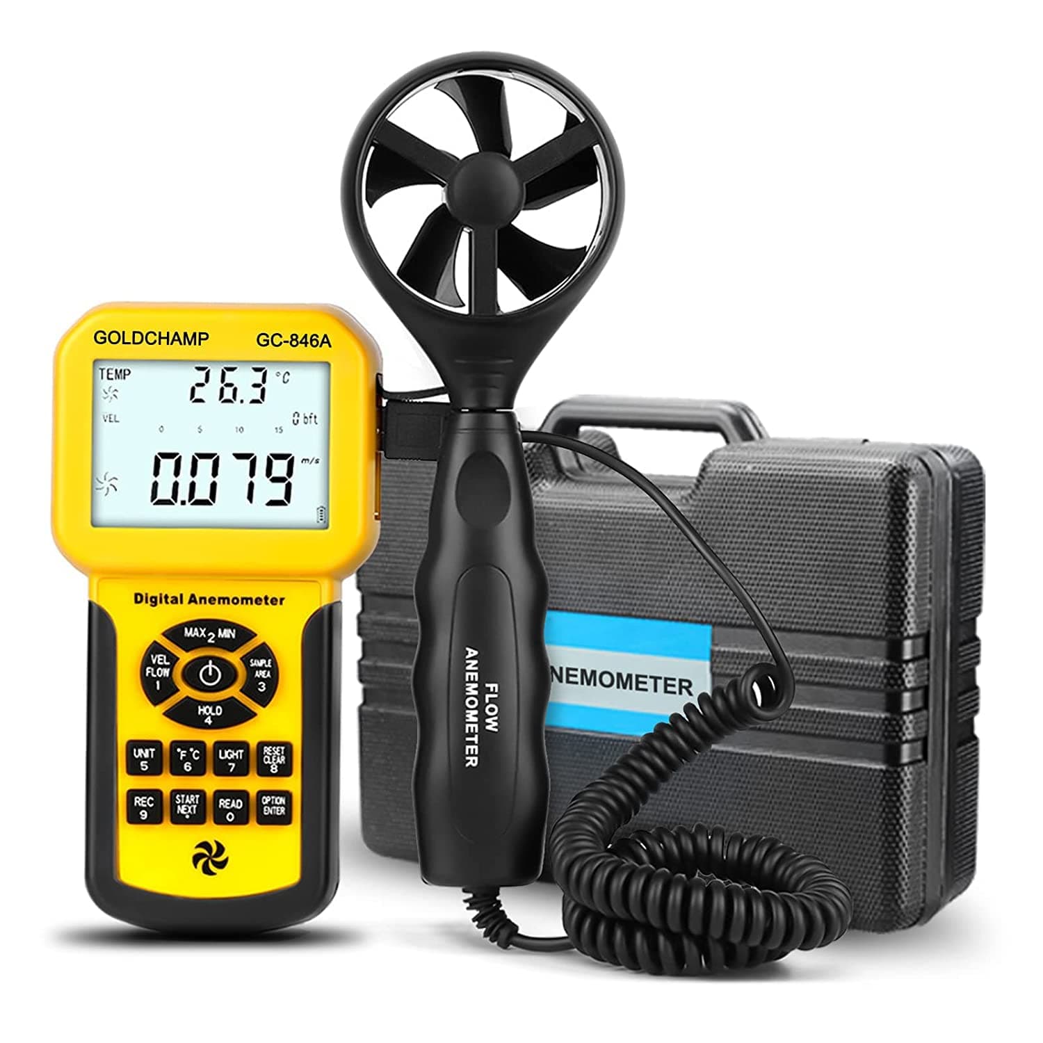 Professional Anemometer,GOLDCHAMP CFM Wind Speed Meter Datalogger 0.3-45m/s Wind Gauges with Wind Flow Temperature Measurement MAX/MIN/AVG Value, Data Record