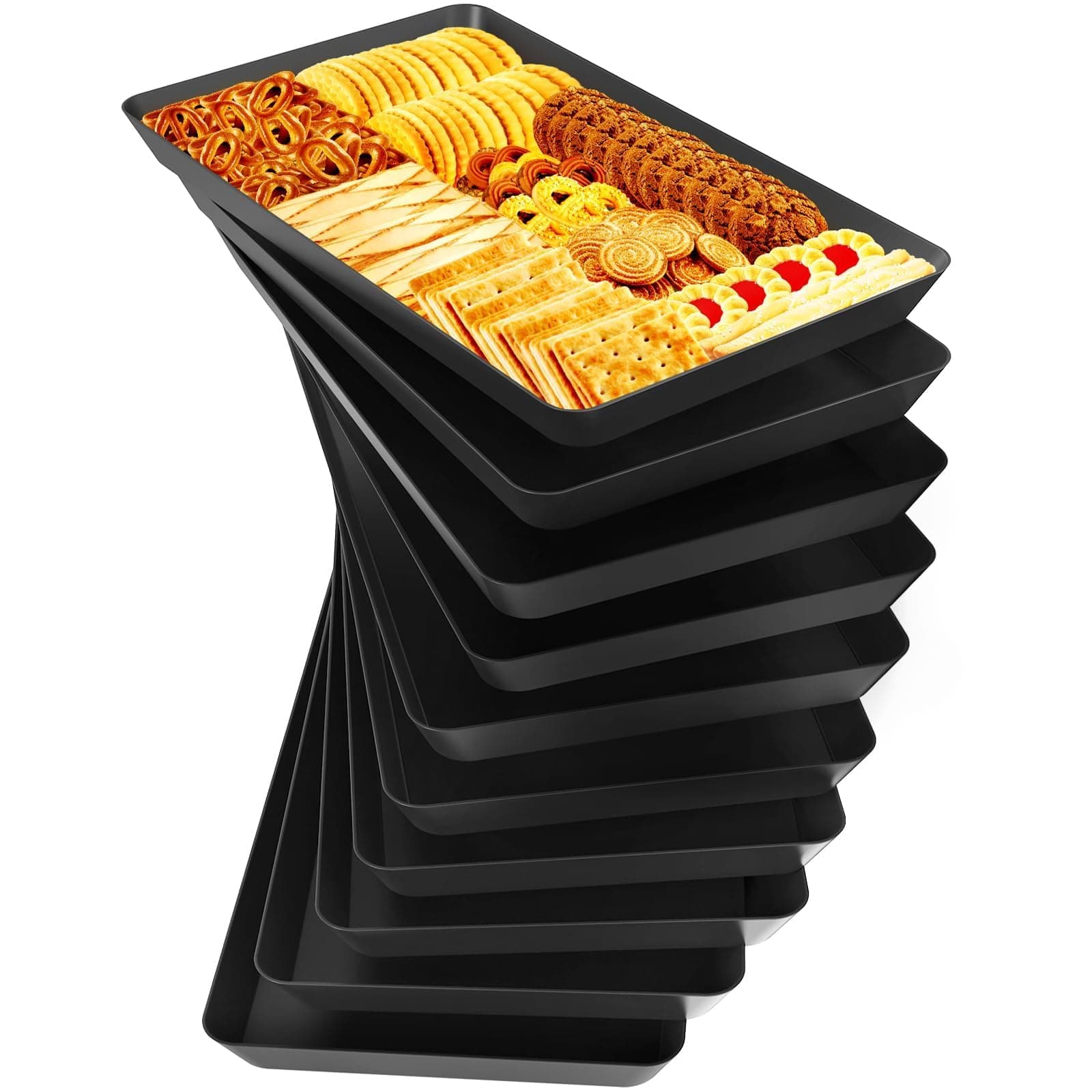 WOWBOX 10 pcs Serving Tray for Entertaining, Serving Platters for Snacks, Fruit, Cookies, Dessert, Reusable Plastic Trays for Serving Food and Pantry Organization in Kitchen & for Parties, (Black)