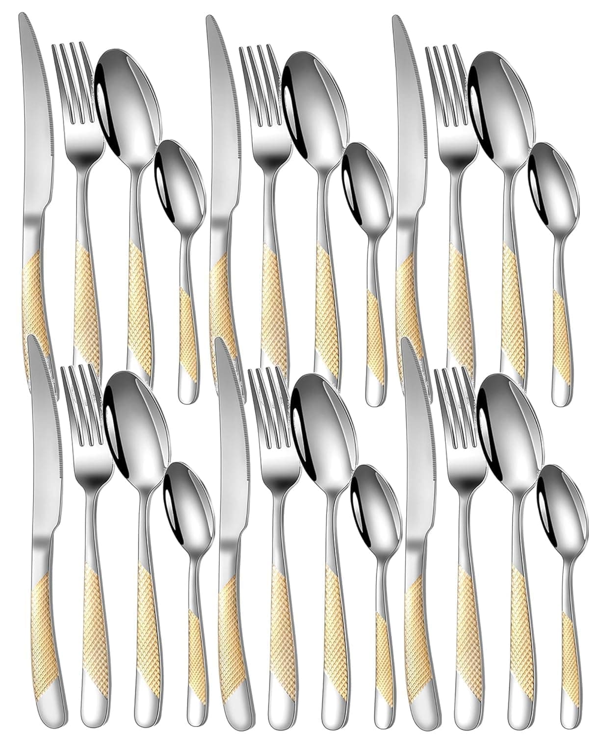 Mirror Finish Gold Plated Stainless Steel Flatware Set - Copper Silverware Rose Gold Cutlery [Dinner Fork, Tea Spoon, Salad Spoon, Knife] (Golden DOT, 24 Pieces)