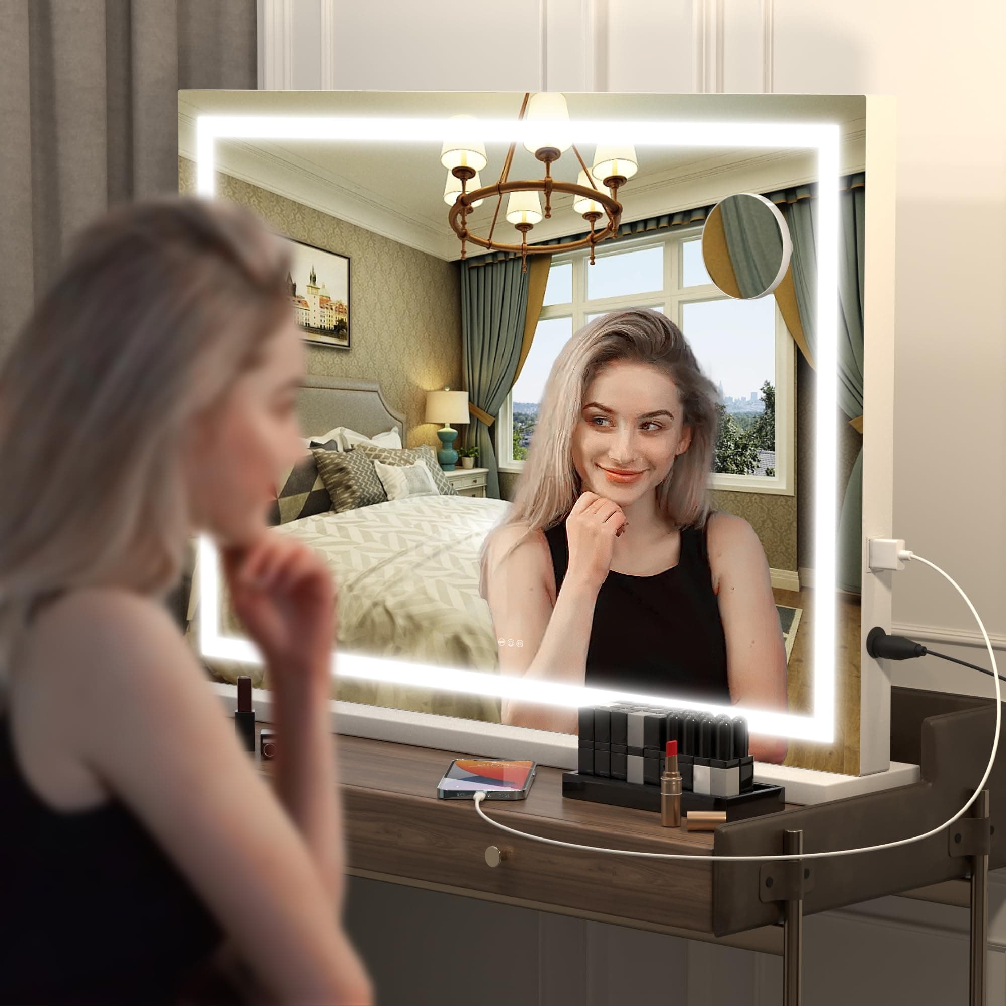Hasipu Vanity Mirror with Lights, 32'' x 22'' LED Makeup Mirror, Lighted Makeup Mirror with Dimmable 3 Modes, Touch Screen Control Vanity Mirror Square White