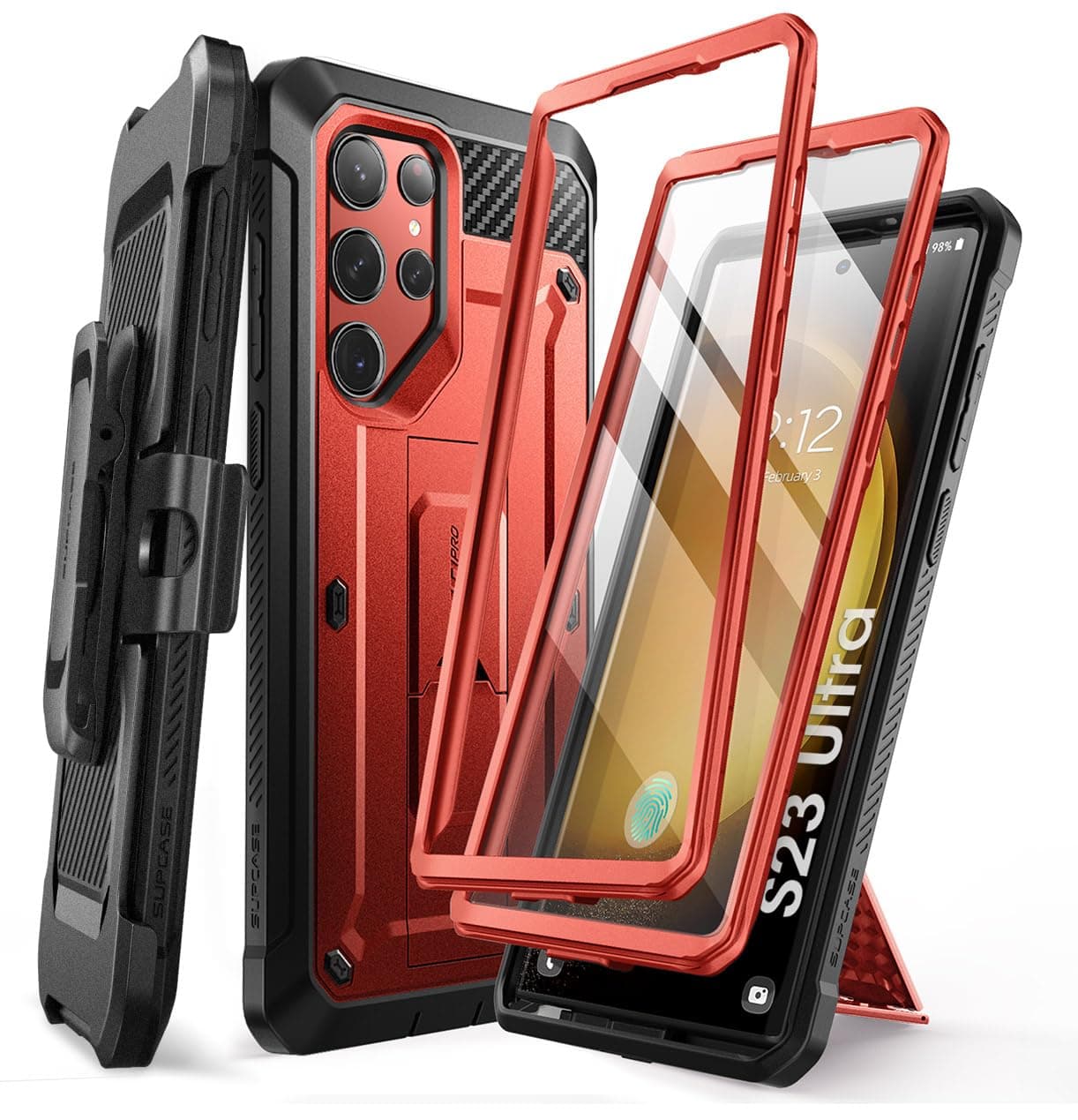 SUPCASE [Unicorn Beetle Pro] Case Designed For Samsung Galaxy S23 Ultra (2023), [Extra Front Frame] Full-Body Dual Layer Rugged Belt-Clip & Kickstand Case with Built-in Screen Protector - Ruddy