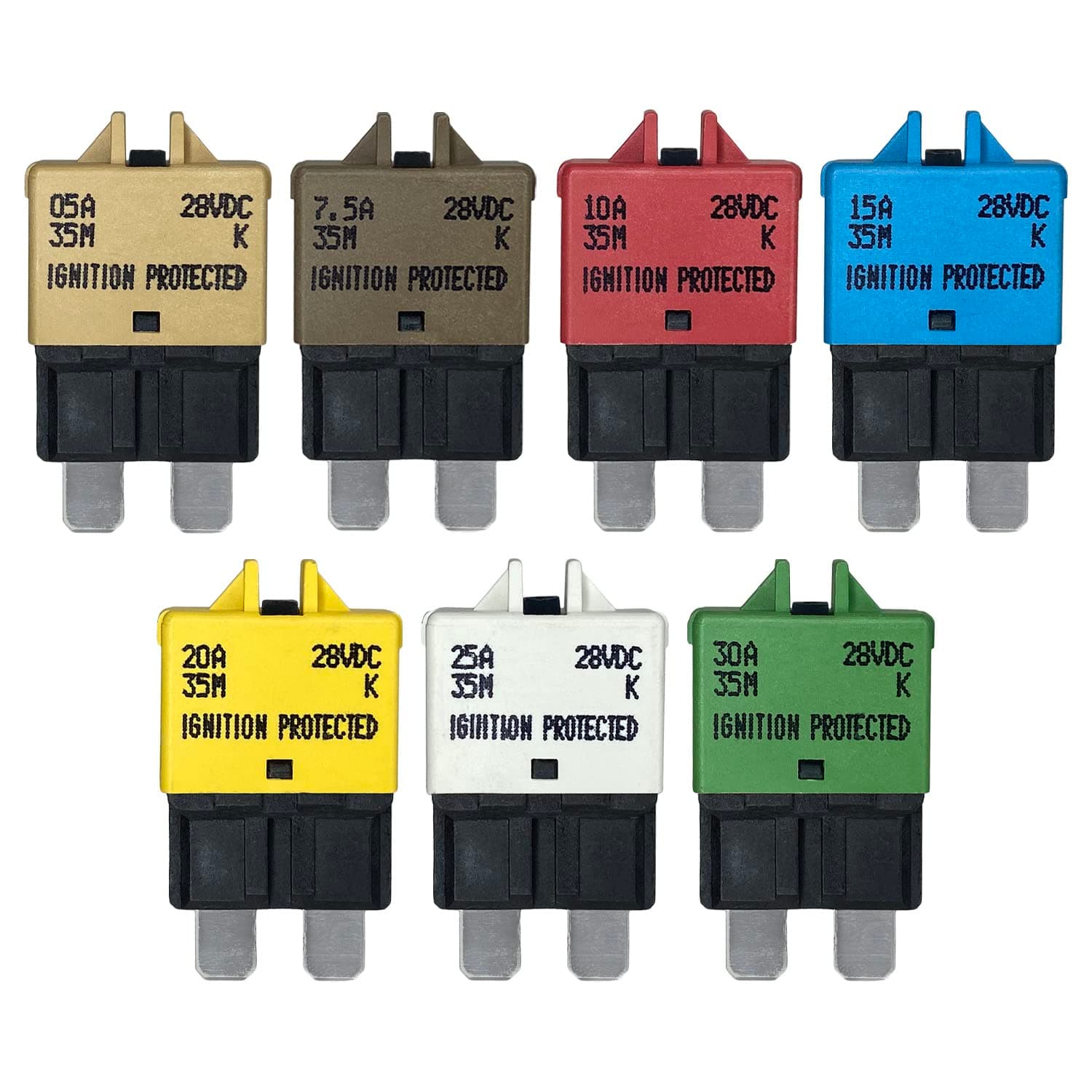Manual Reset ATC/ATO Multipack 5A, 7.5A, 10A, 15A, 20A, 25A, 30A Circuit Breaker Fuse for Automotive Marine Boat Car Truck RV Audio Battery Protection | Low Profile (Multi Pack)