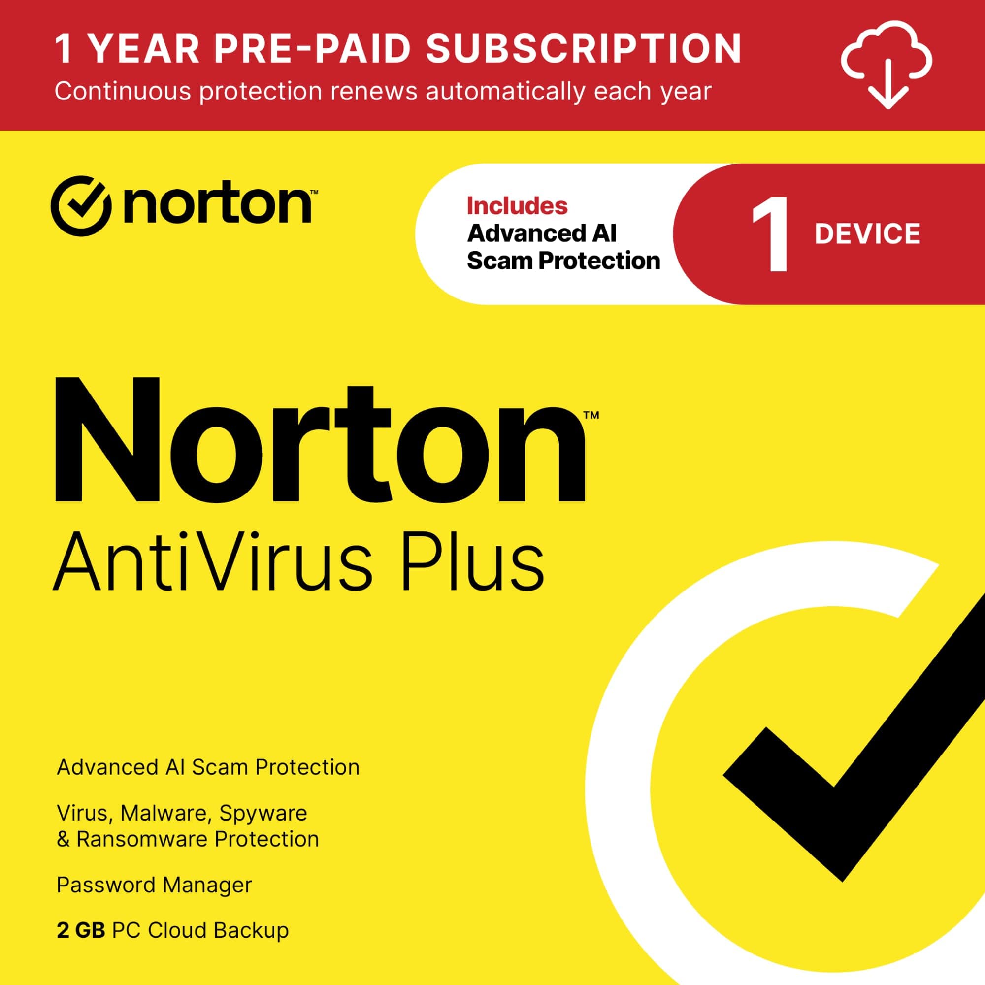 Norton AntiVirus Plus 2026 Ready, Antivirus software for 1 Device with Auto-Renewal – Includes Advanced AI Scam Protection, Password Manager and PC Cloud Backup [Download]