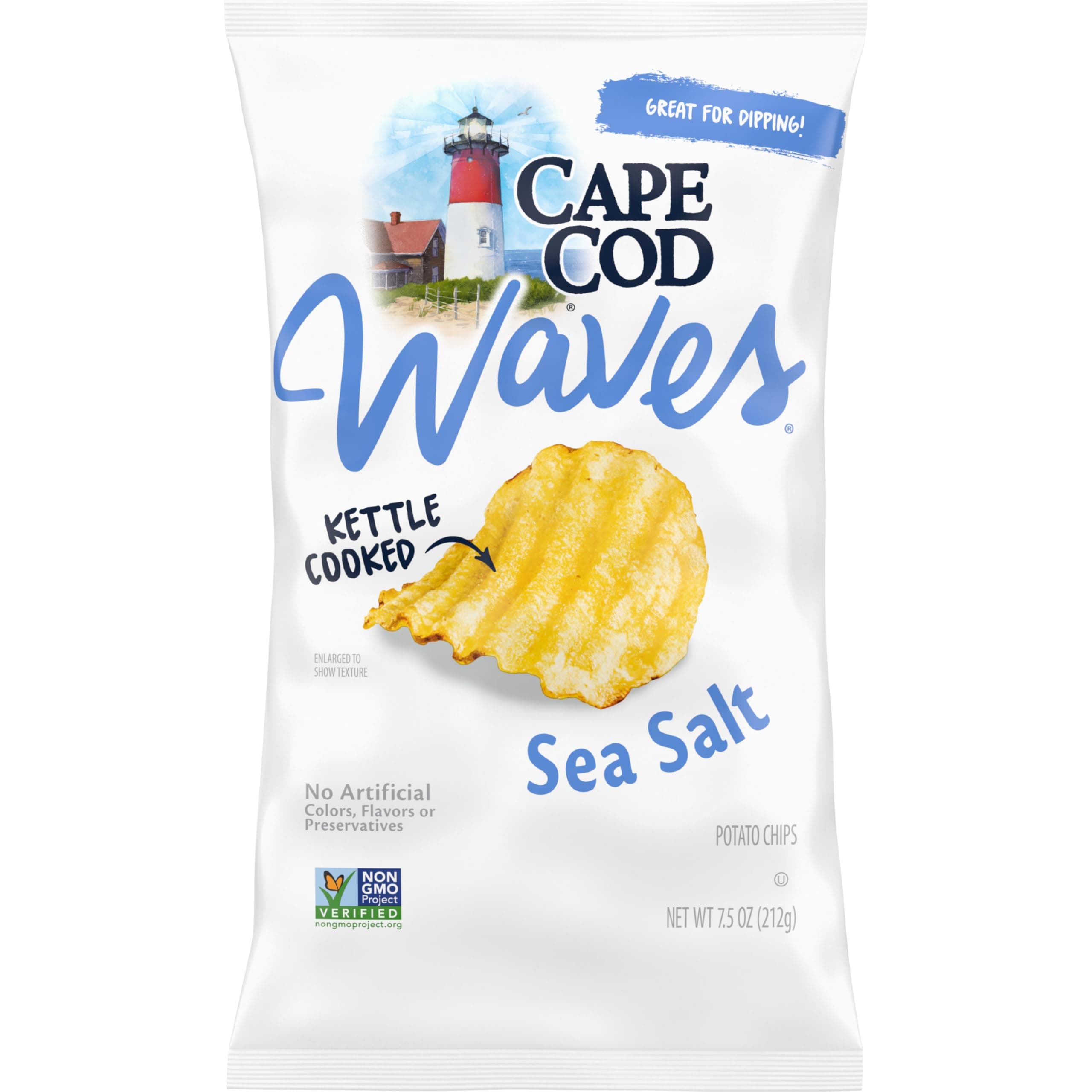 Cape Cod Waves Potato Chips, Wavy Cut Sea Salt Kettle Chips, 7.5 Oz