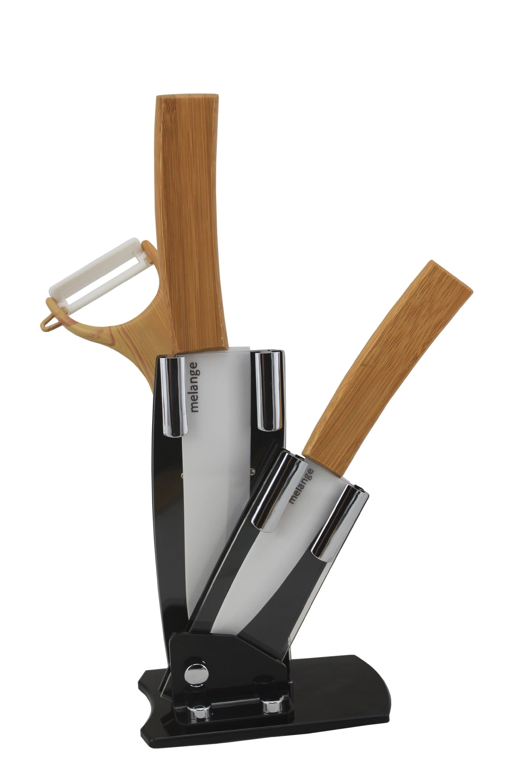 Melange 4-Piece Ceramic Knife Set with Bamboo Handle and White Blade, Includes 6-Inch Chef's Knife, 4-Inch Utility Knife, Peeler and Acrylic Holder