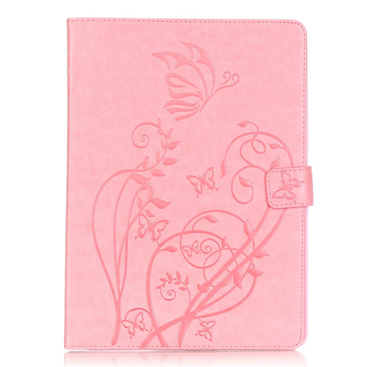 iPad Pro 9.7 Case,QFJ Embossed PU Leather[Anti-Skid] Case,[Card Slots][Auto Sleep/Wake Up] Mfortable Surface Fold Stand Cover Case for Apple iPad Pro 9.7 2016 Release (Pink)