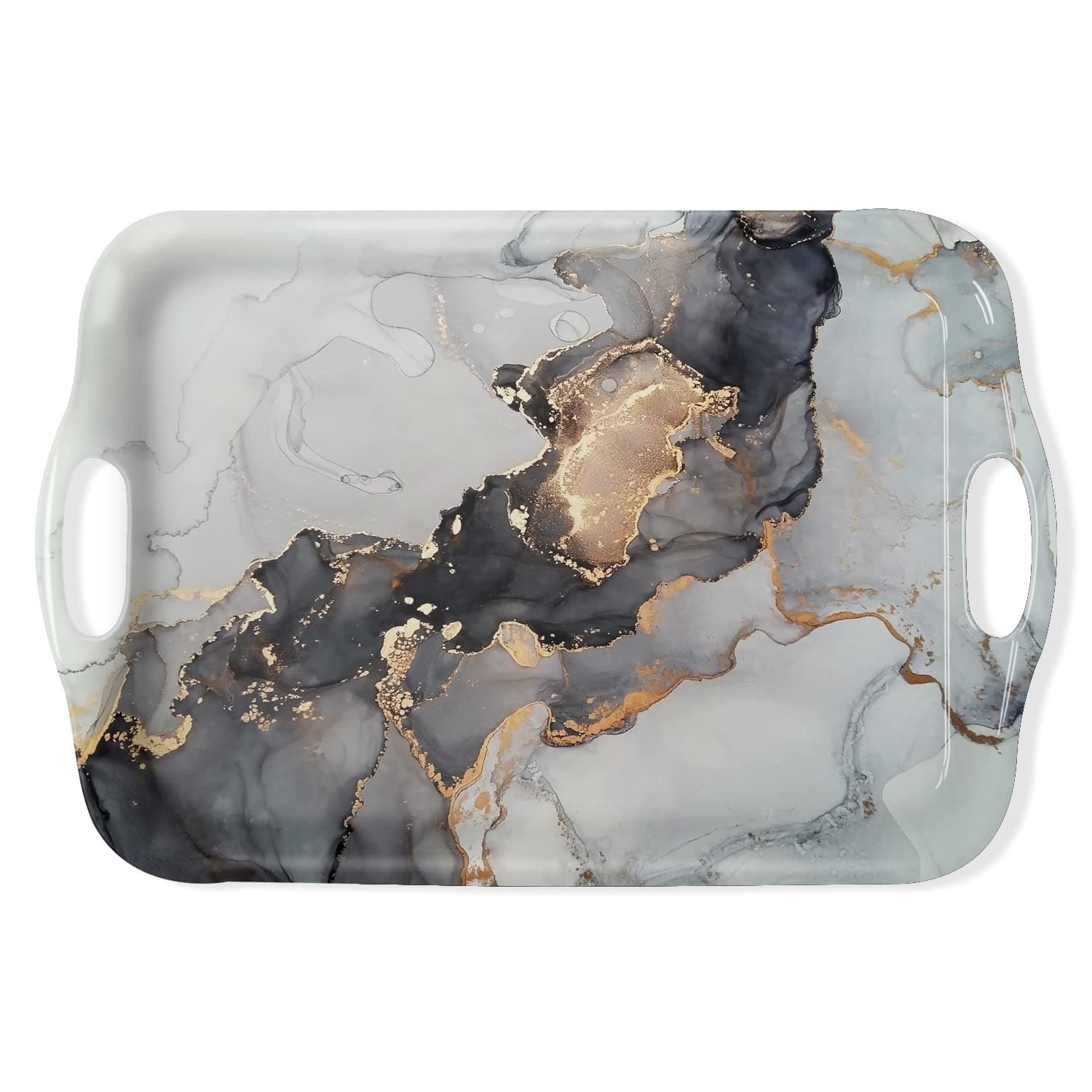 Serving Tray Decorative Tray with Handles Multi-Purpose Rectangular Serving Trays for Restaurant, Parties, Coffee Table, Kitchen - Grey Gold Marble Pattern