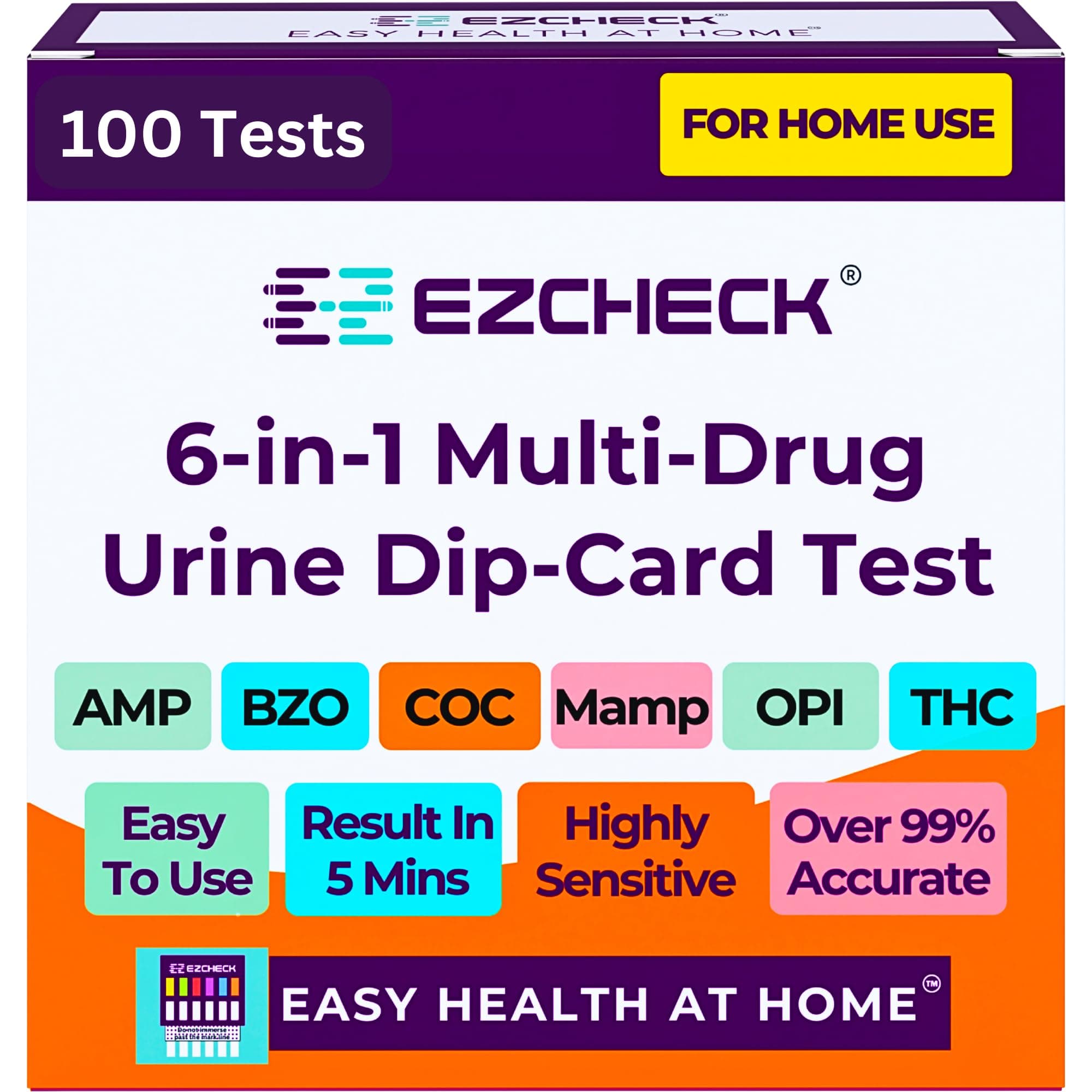 [100 Pack] EZCHECK® 6-Panel Drug Test - at-Home Rapid Urine Screening Kit for 6 Most Used Drugs: (THC-Marijuana, BZO-Benzos, MET-Meth, OPI/MOP-Opiates, AMP-Amphetamine, COC) - FSA/HSA Eligible