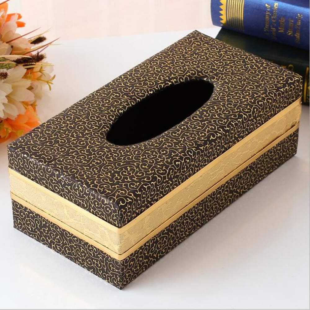 Leather Box Tissue Holder - Rectangular Waterproof Design with Vintage Black Clouds and Golden Rim for Home, Office & Car Decor