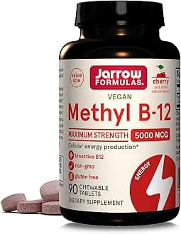 Jarrow Formulas Vitamin B12 5000 mcg - Maximum Strength for Cellular Energy and Brain Health, 90 Cherry Chewable Tablets, B12 Vitamins 5000 mcg