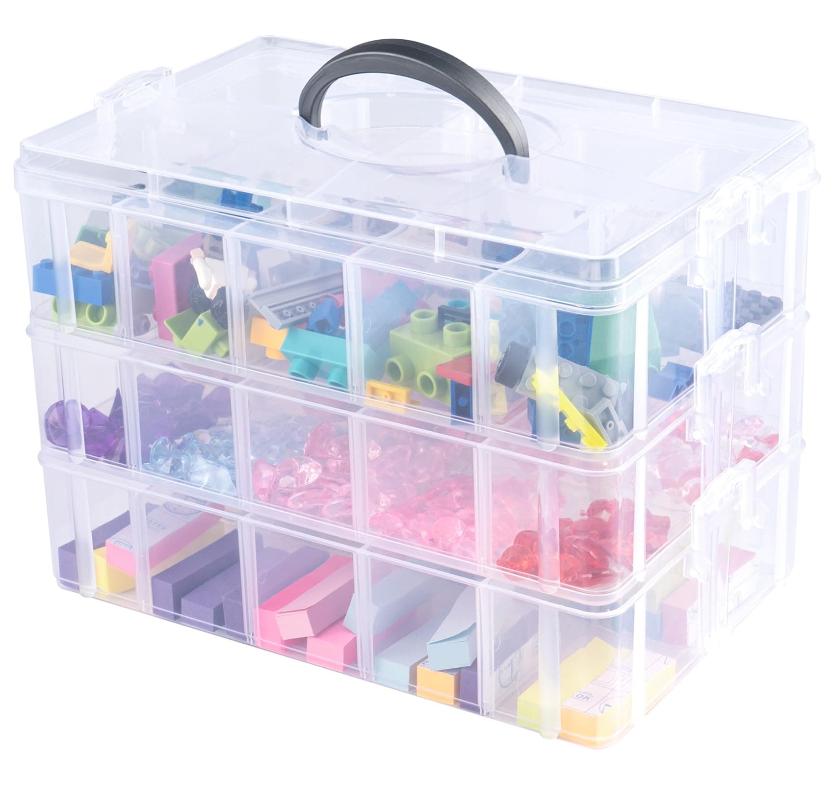 Storage Box with Compartments, Reinforced 3-Tier Clear Plastic Craft Storage Box with Lids, Practical Sorting Box for Crafts, Jewelry, Toy building blocks(Medium)