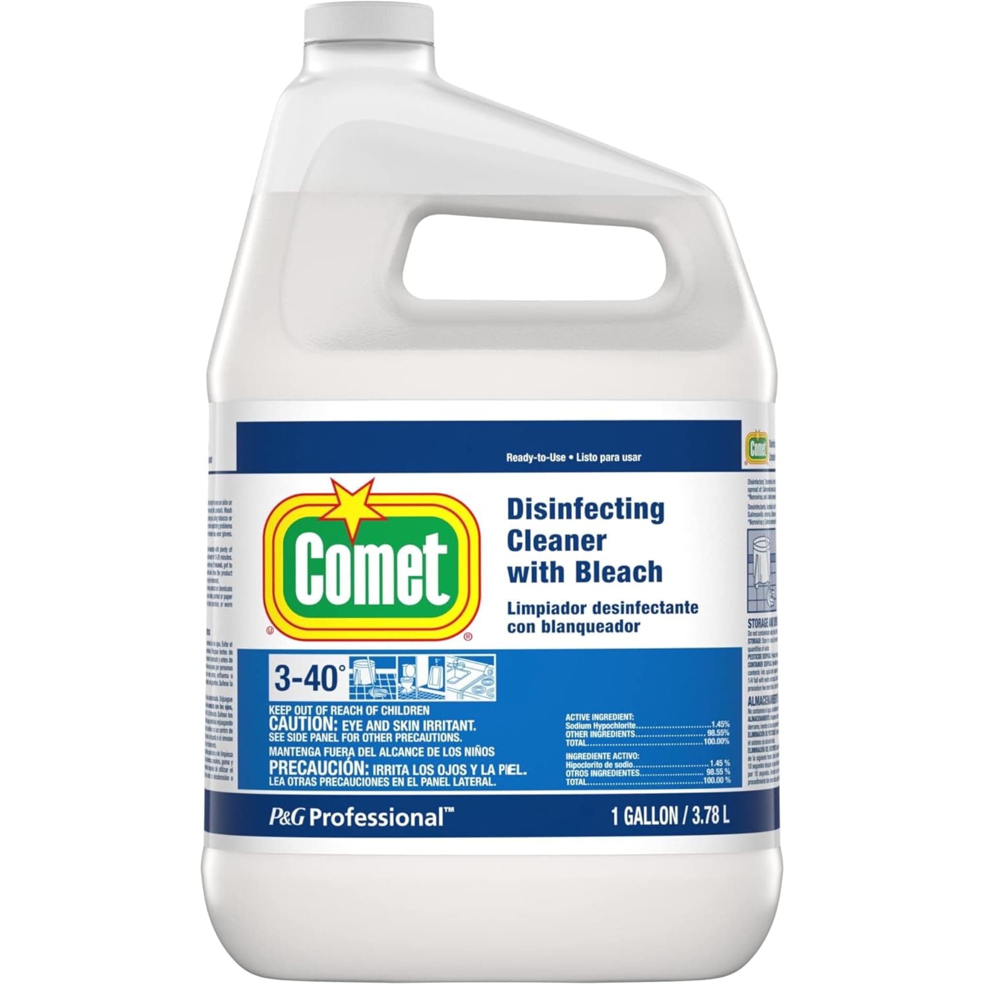 Comet Professional Multi Purpose Disinfecting Liquid Cleaner with Bleach Ready To Use Refill for Commercial Use, 1 Gallon (Case of 3)