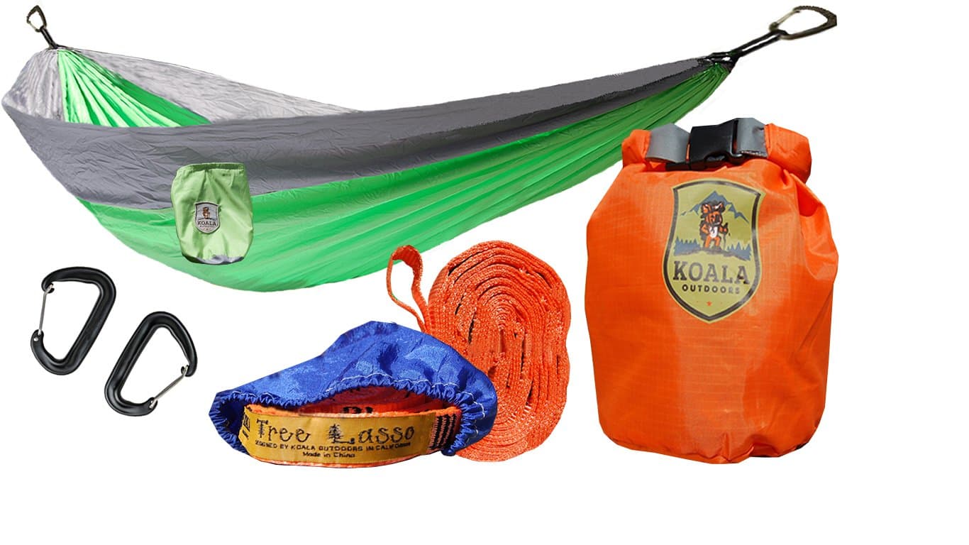 Koala Portable Camping Hammock Bed Bundle: 2 Person, 2-Hanging Straps, 2-Carabiners, Stuff Sack, Dry Bag Holds up to 400 Pounds