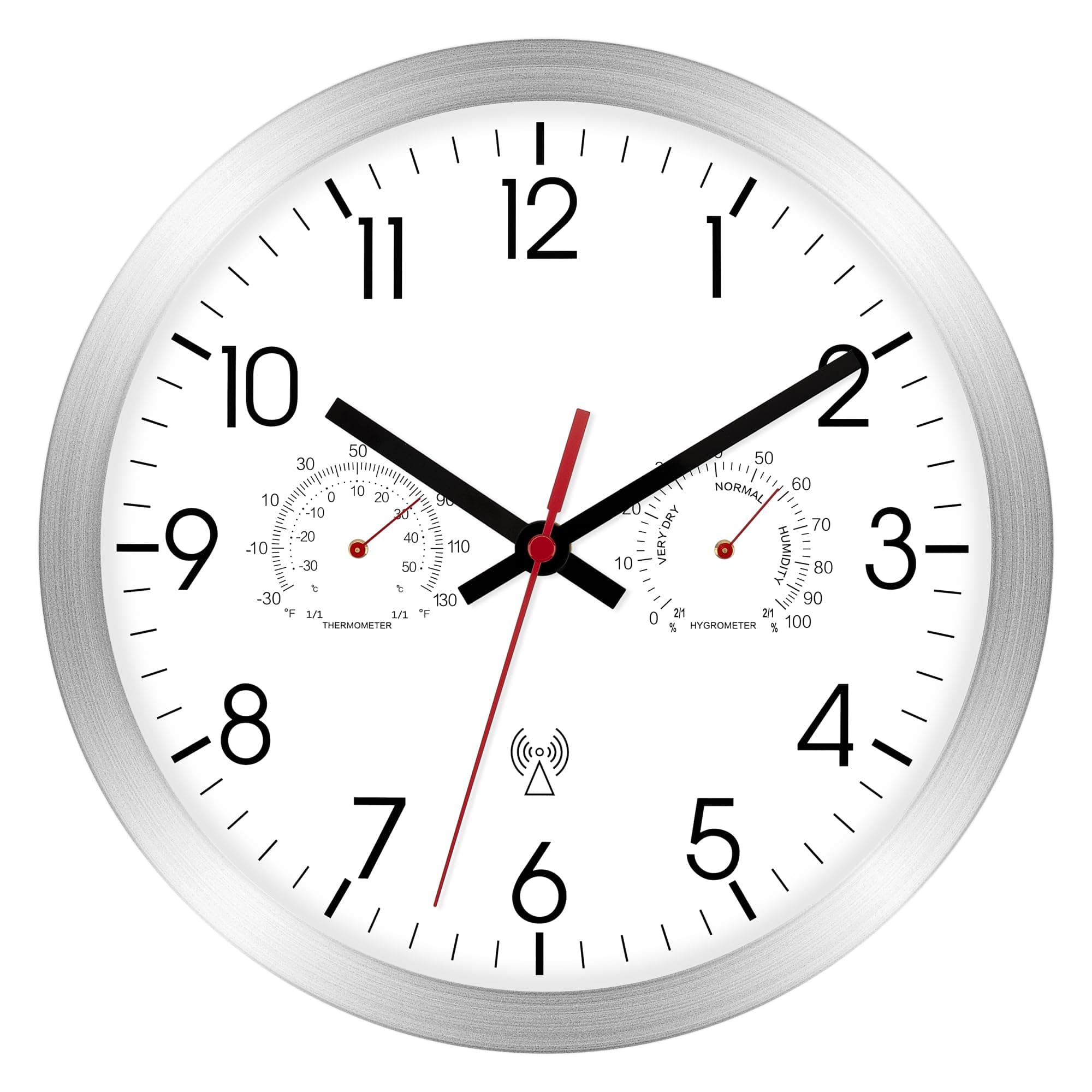 Foxtop Atomic Self-Setting Wall Clock with Thermometer and Hygrometer Combo, Silent Non-Ticking Battery Operated Round Modern Wall Clock for Bedroom, Kitchen, Home Office (10 Inch, Silver)